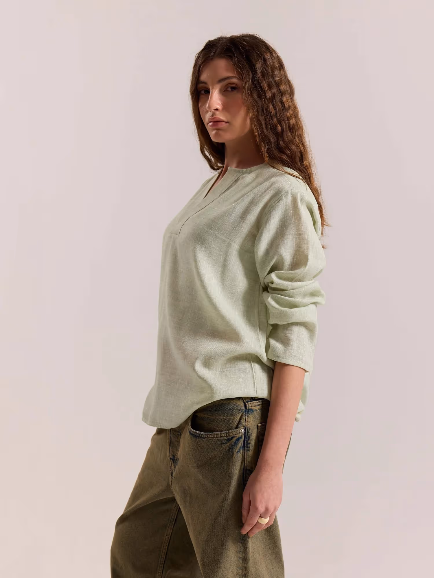 Green Textured Linen Pullover image 7