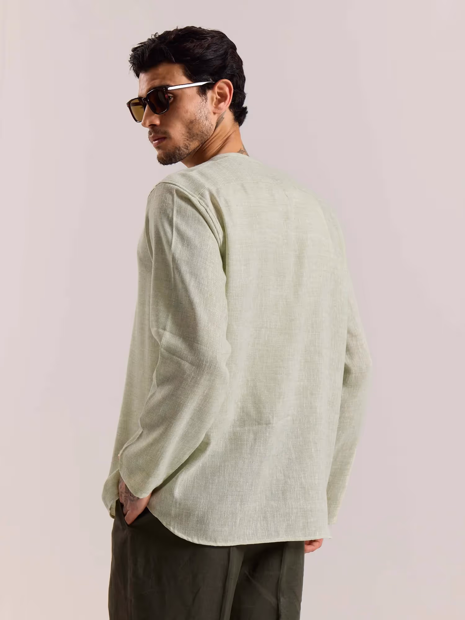 Green Textured Linen Pullover image 8