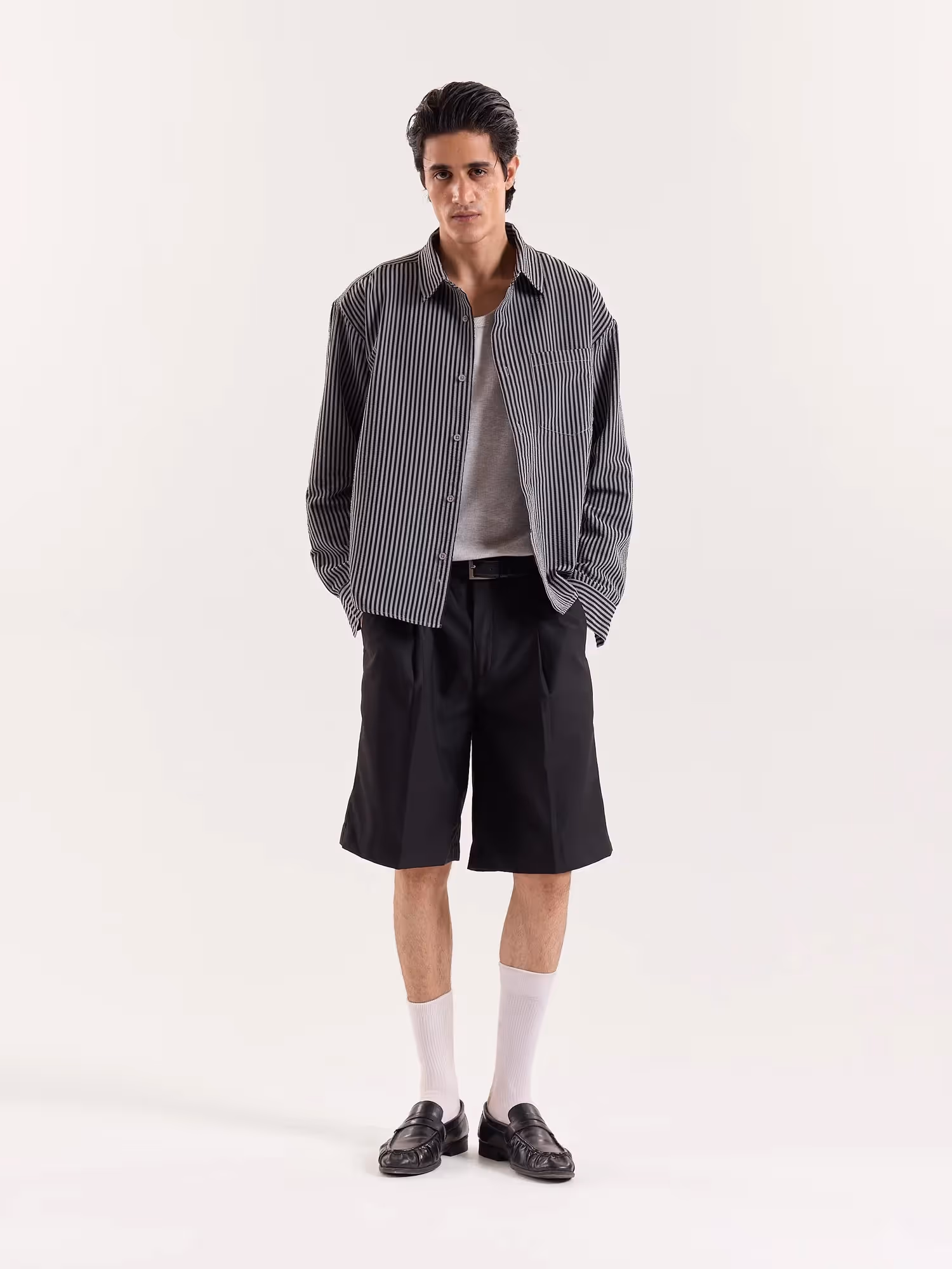 Grey & Black Striped Seersucker Cropped Shirt image 1