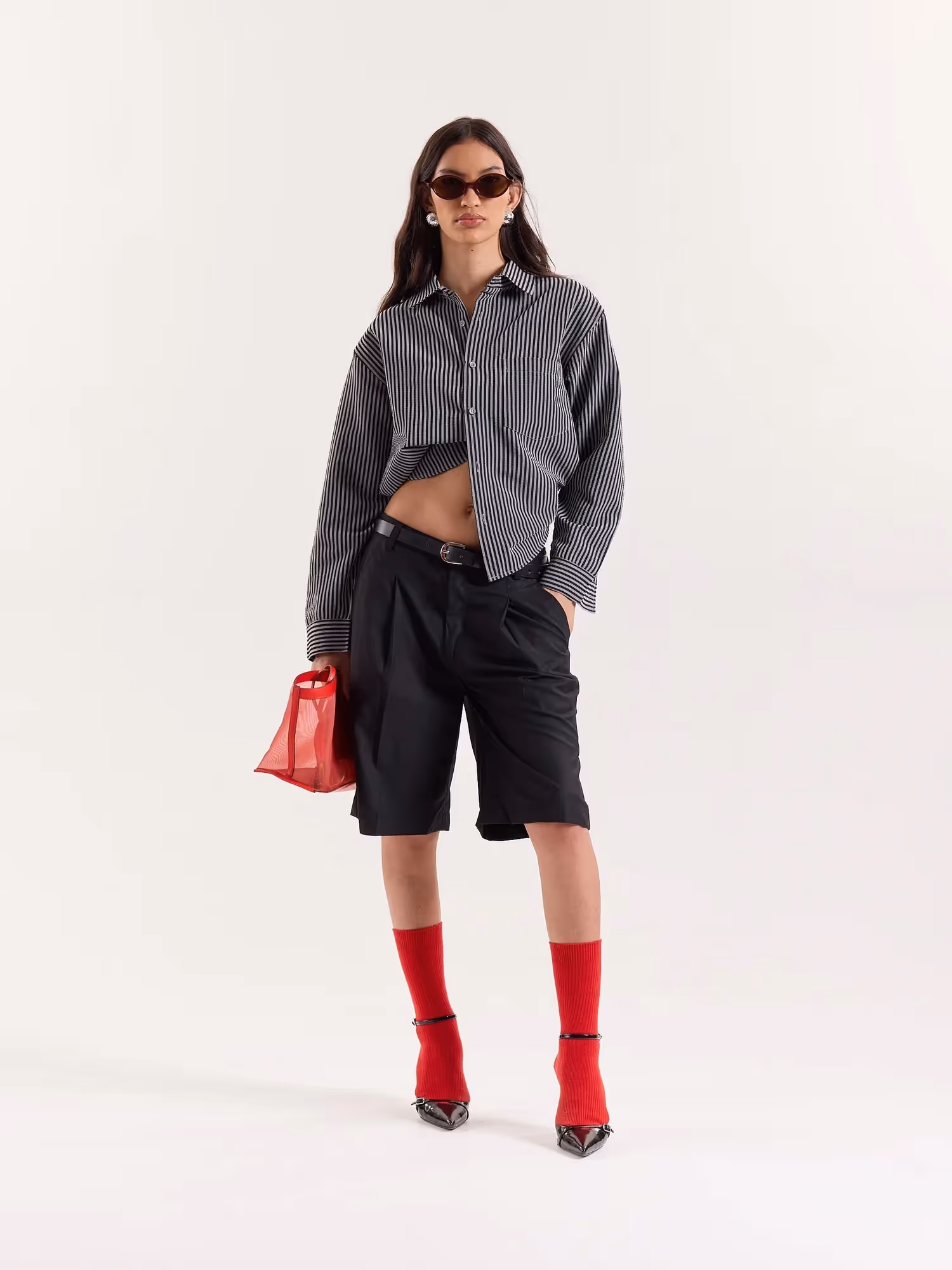 Grey & Black Striped Seersucker Cropped Shirt image 2