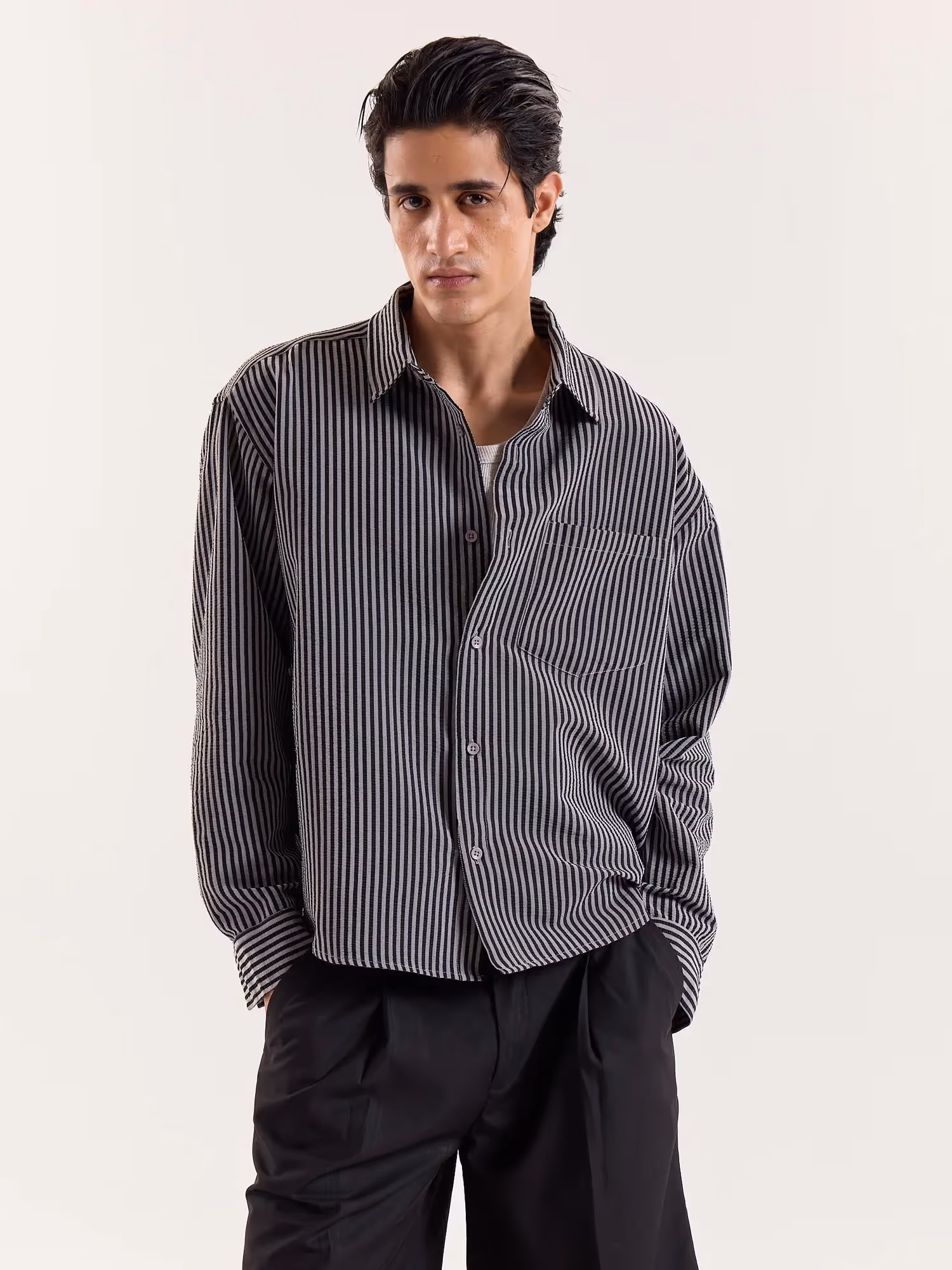 Grey & Black Striped Seersucker Cropped Shirt image 3
