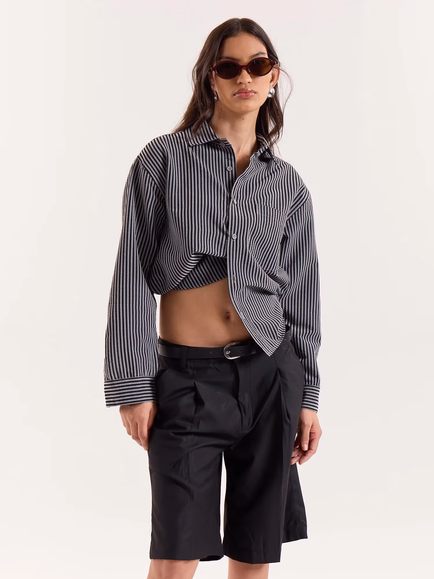 Grey & Black Striped Seersucker Cropped Shirt image 4