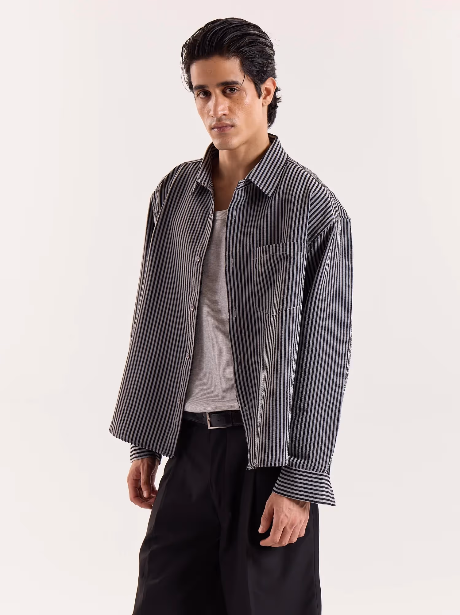 Grey & Black Striped Seersucker Cropped Shirt image 5