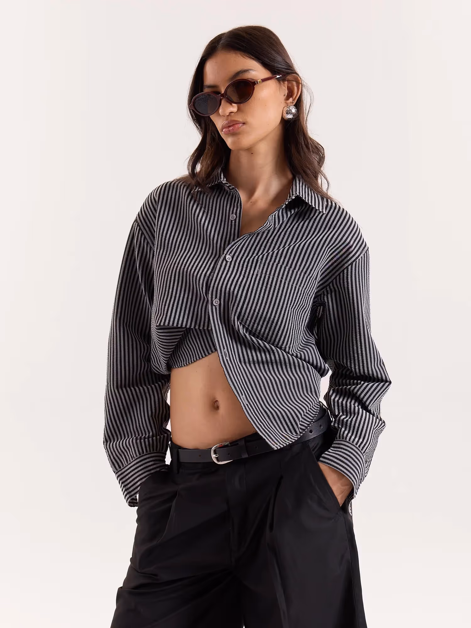 Grey & Black Striped Seersucker Cropped Shirt image 6