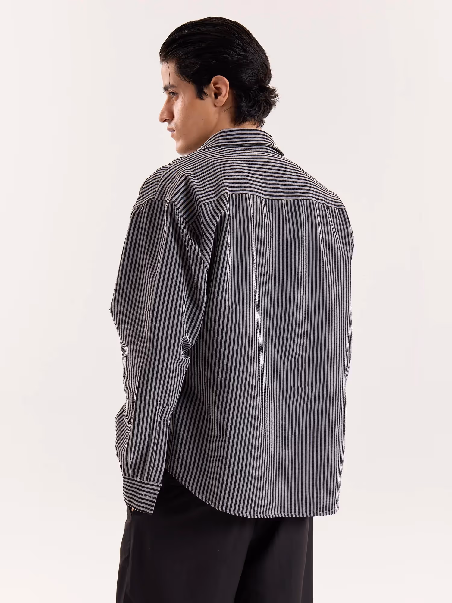 Grey & Black Striped Seersucker Cropped Shirt image 7