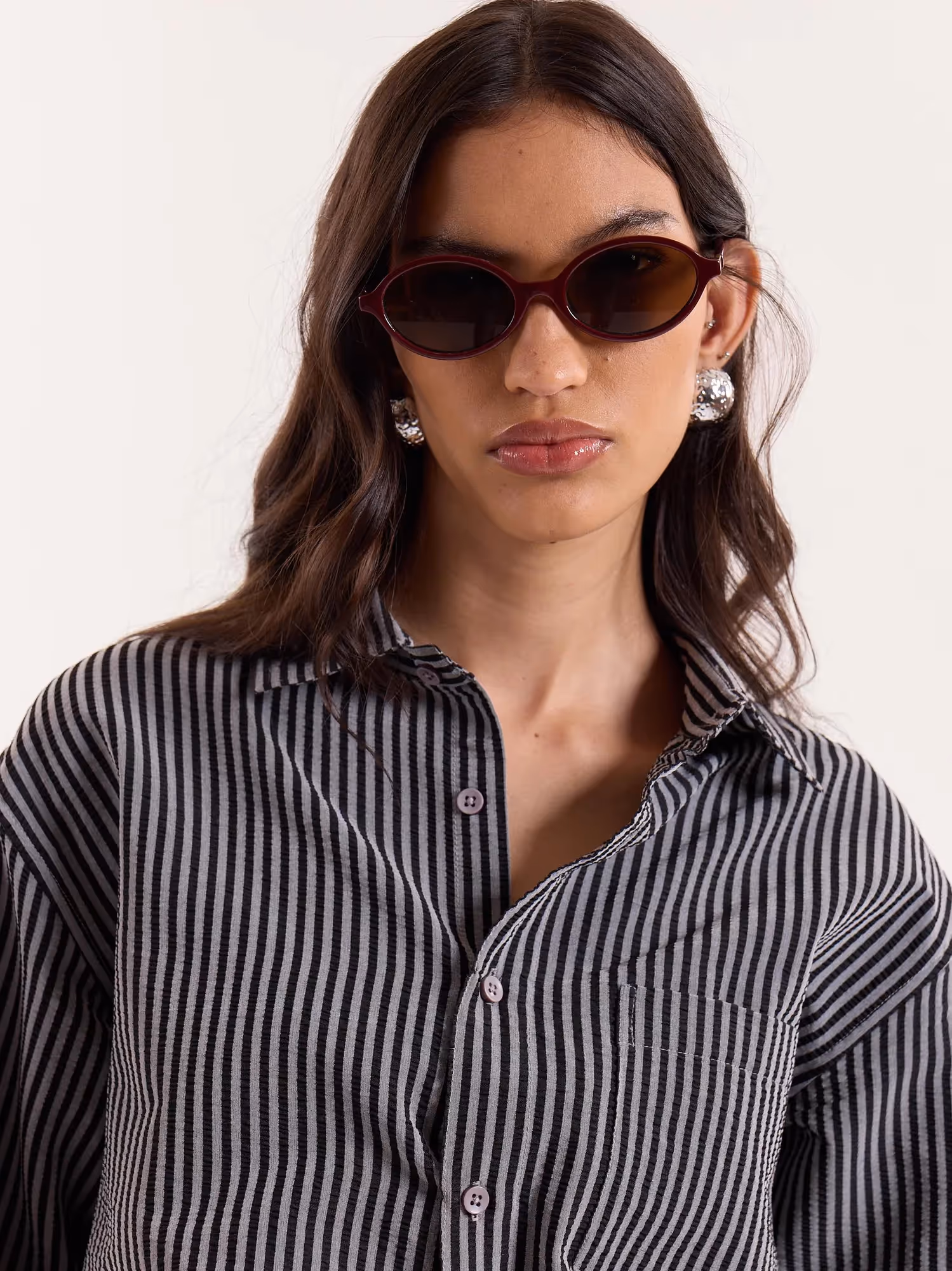 Grey & Black Striped Seersucker Cropped Shirt image 8
