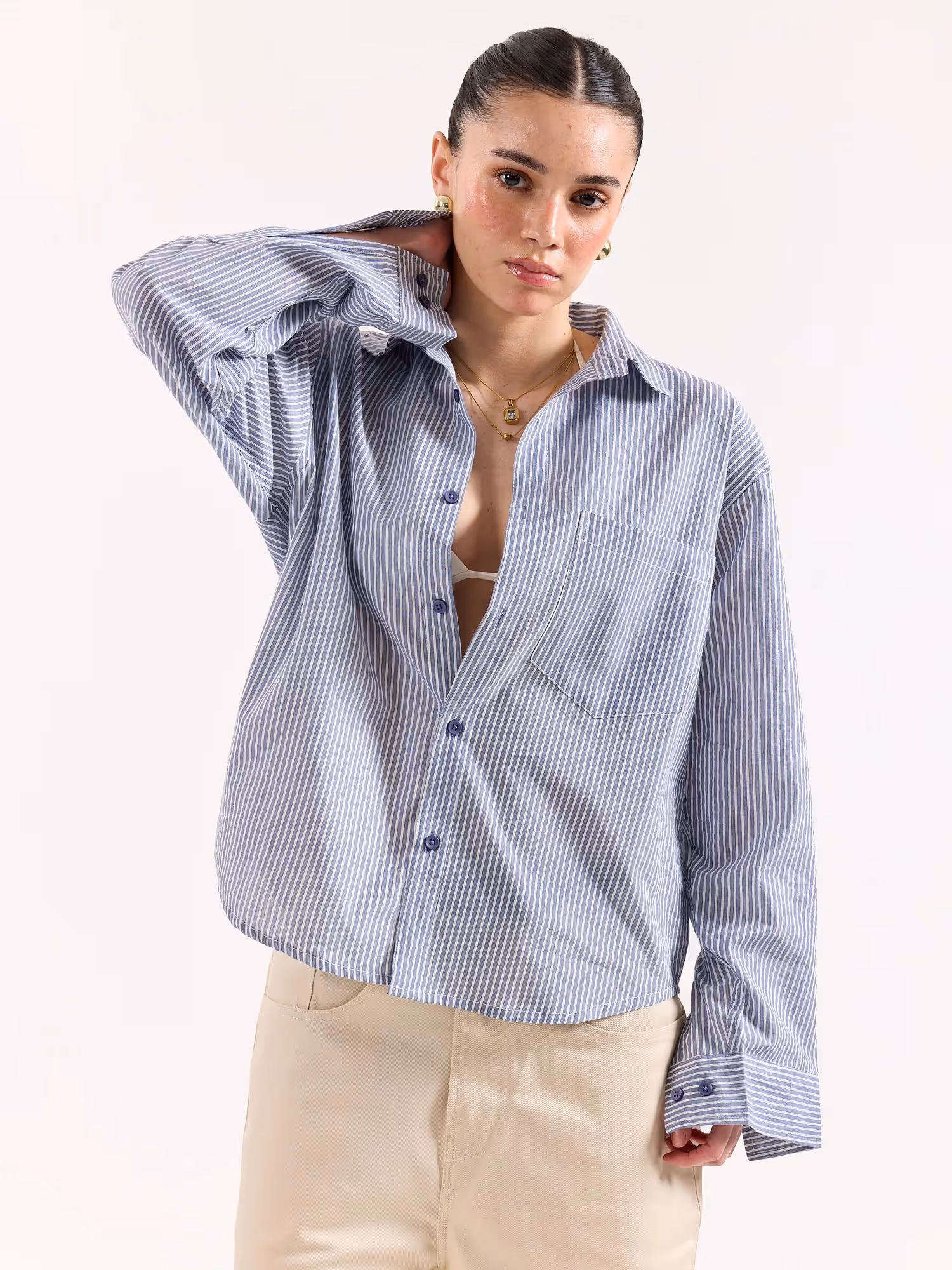 Grey & White Striped Seersucker Oversized Shirt image 4
