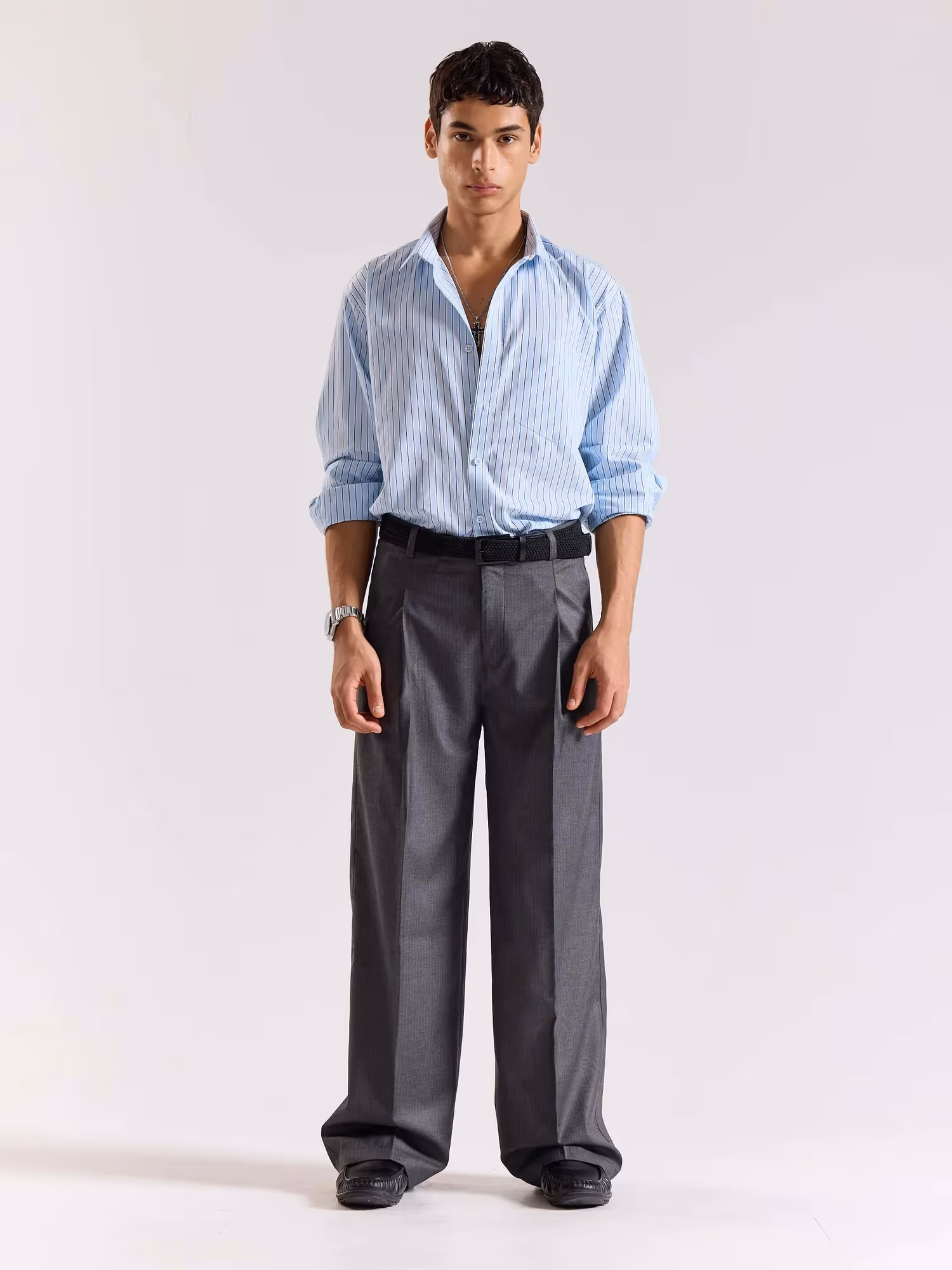 Grey Pinstriped Baggy Fit Trousers image 1