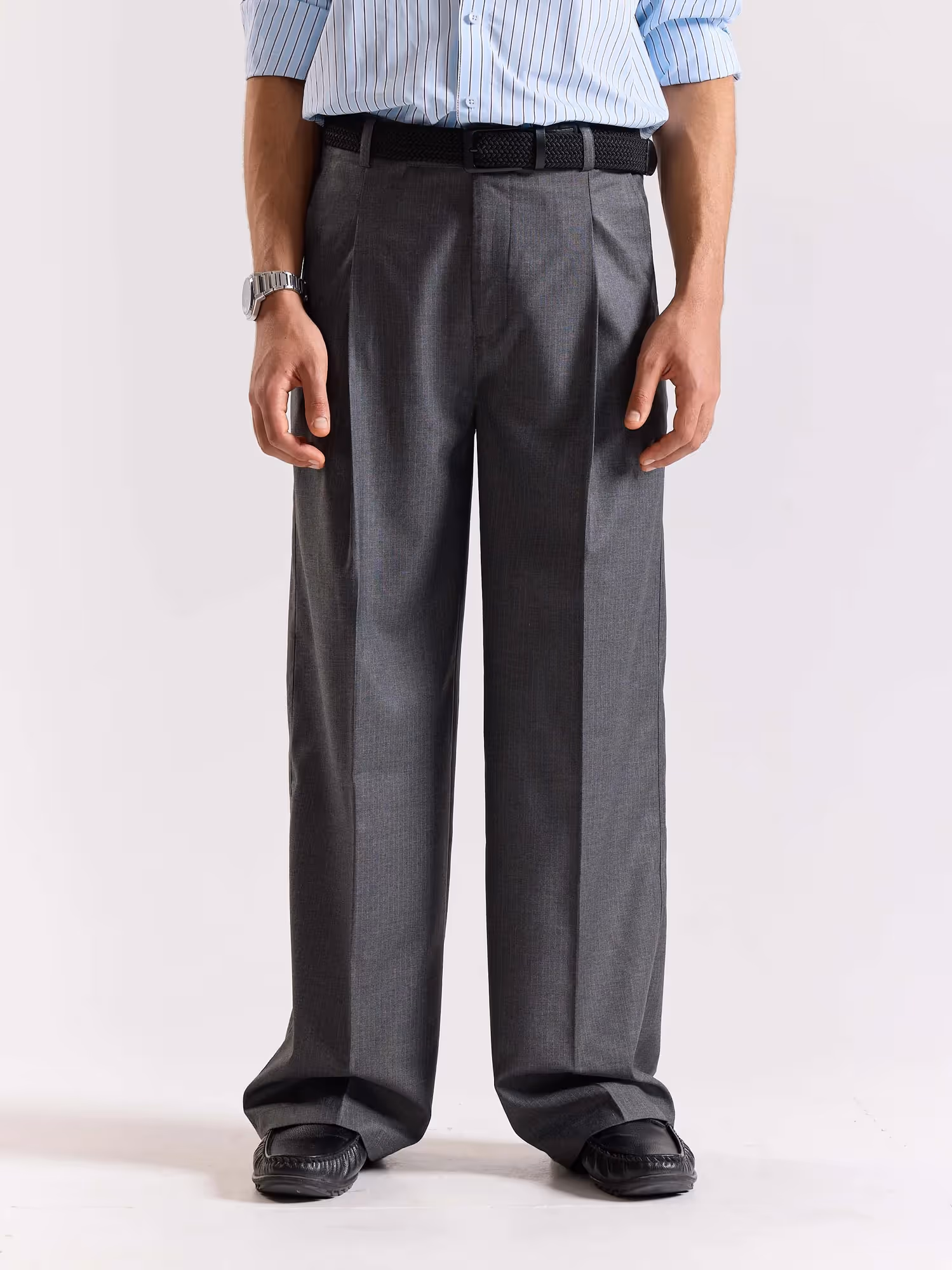 Grey Pinstriped Baggy Fit Trousers image 2