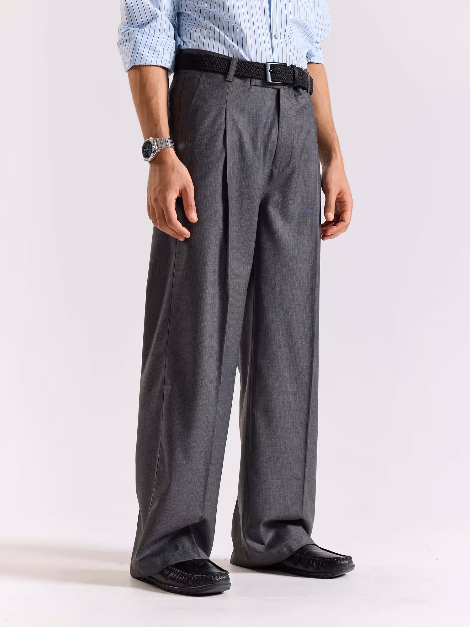 Grey Pinstriped Baggy Fit Trousers image 6