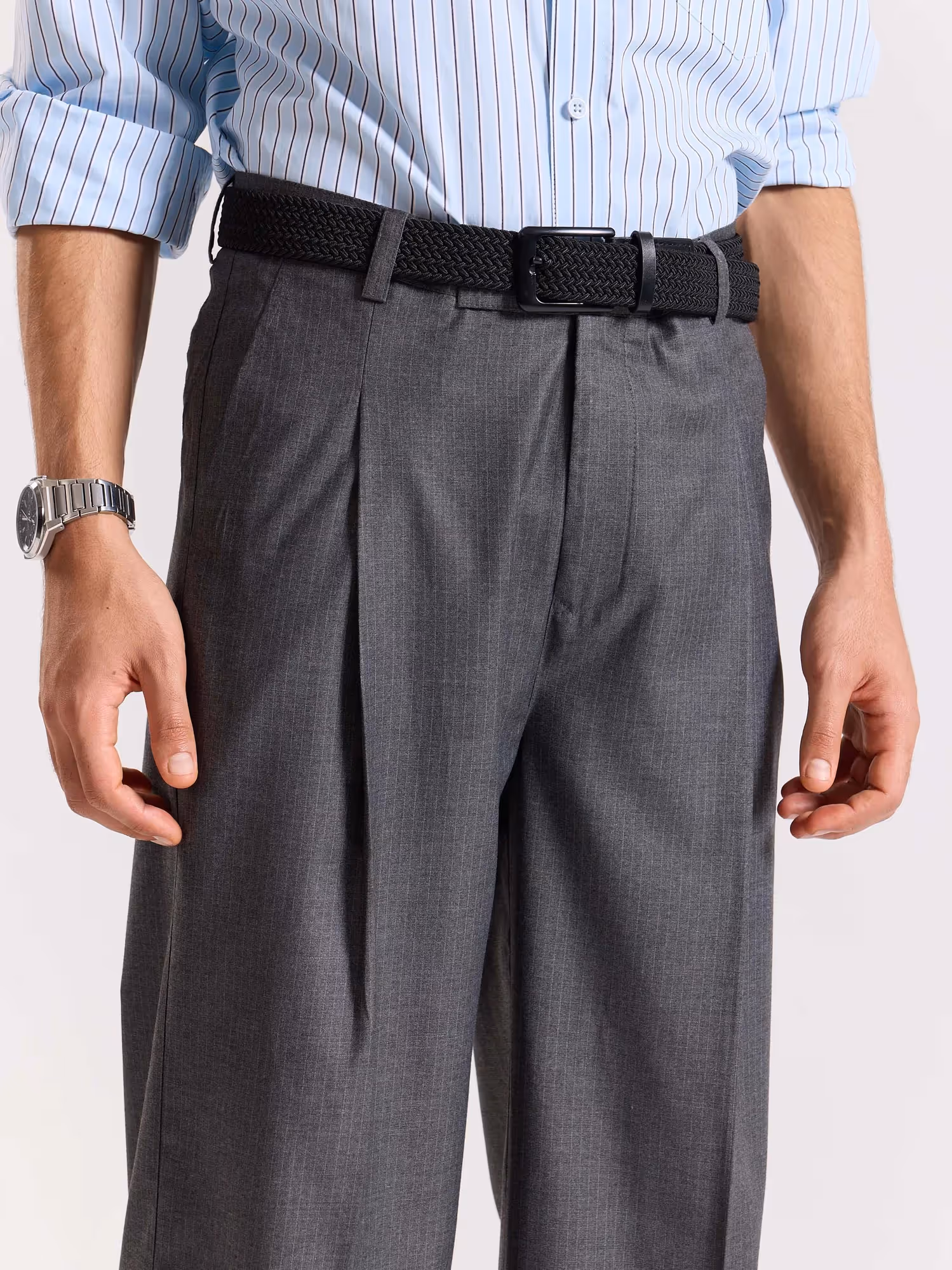 Grey Pinstriped Baggy Fit Trousers image 8