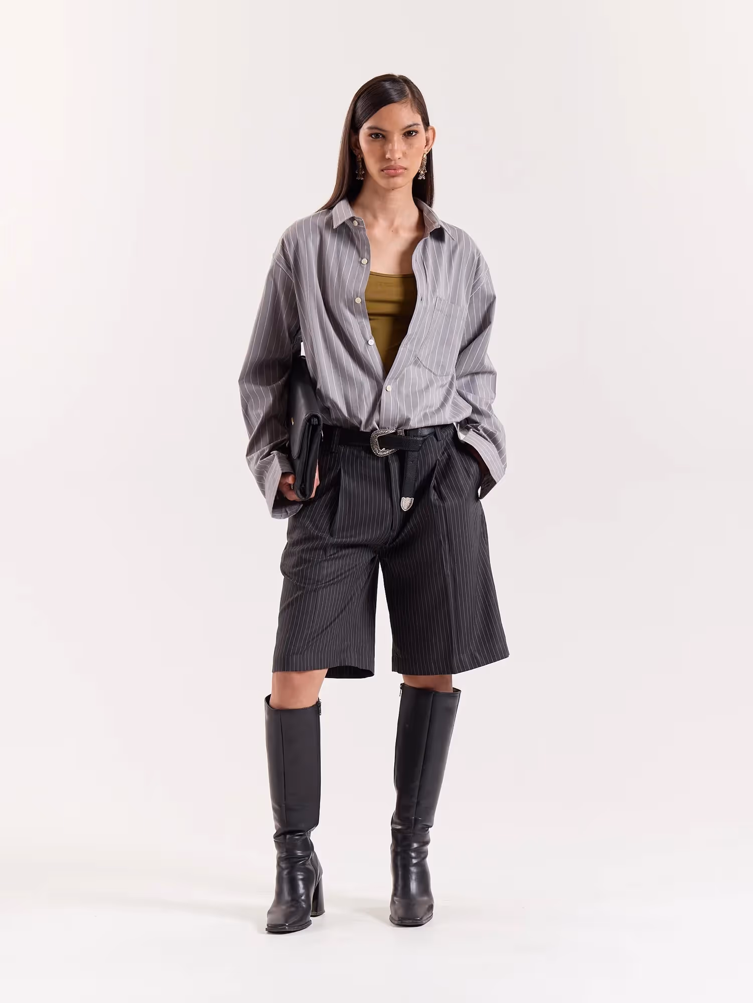 Grey Pinstriped Cropped Shirt  image 2