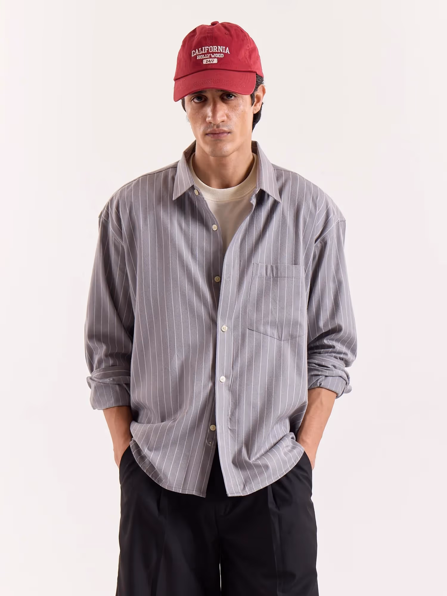 Grey Pinstriped Cropped Shirt  image 3
