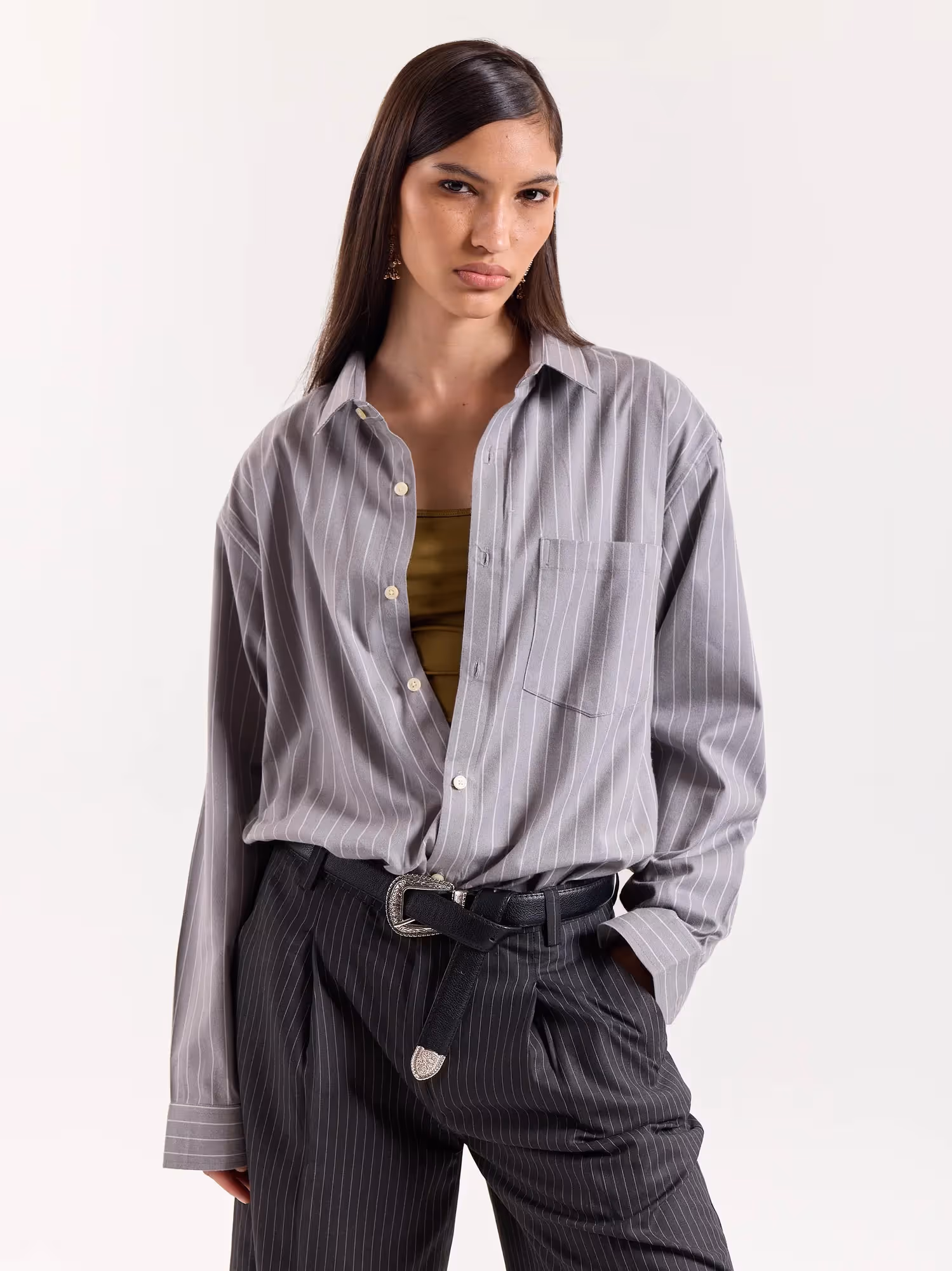 Grey Pinstriped Cropped Shirt  image 4
