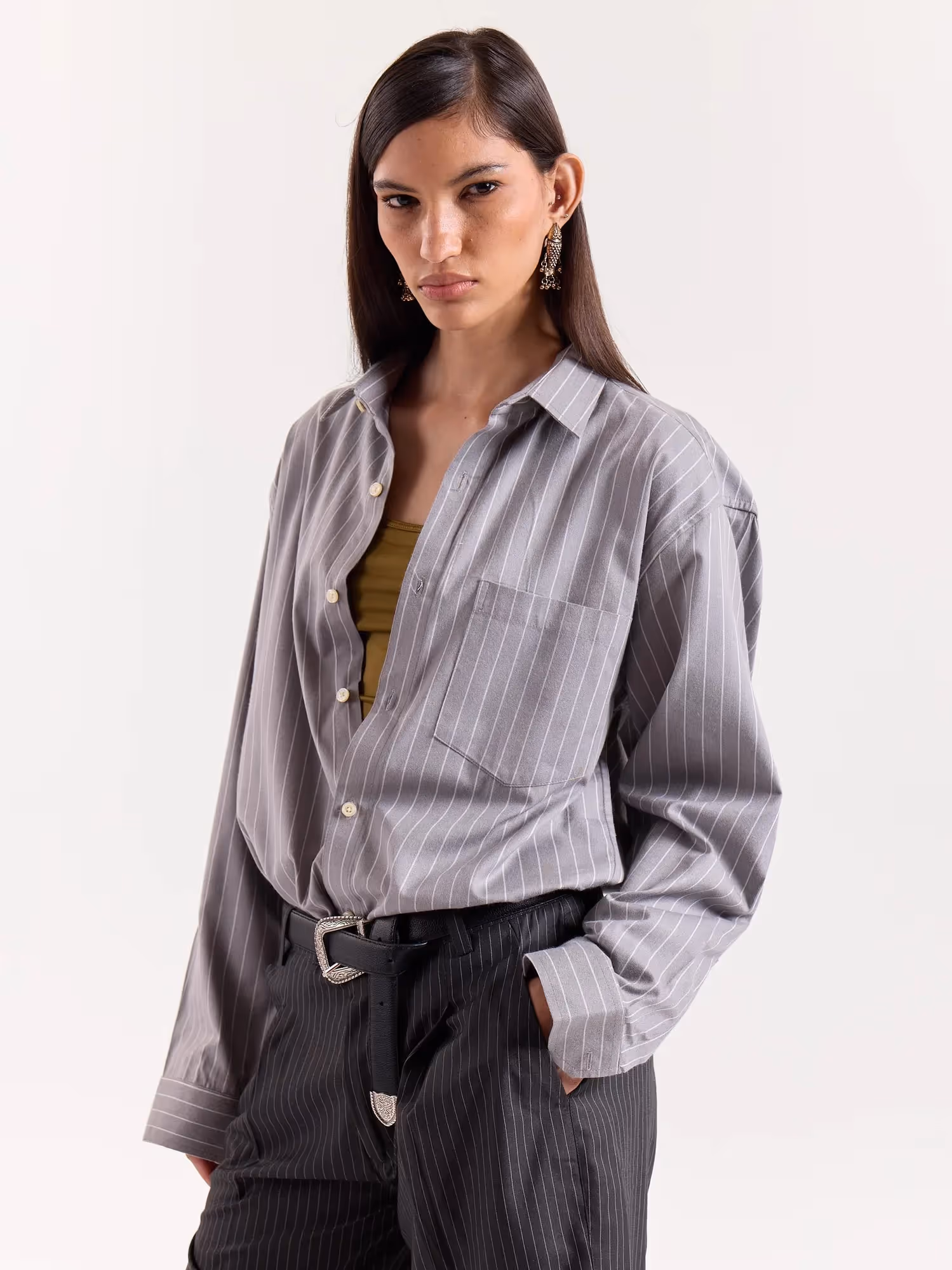 Grey Pinstriped Cropped Shirt  image 6