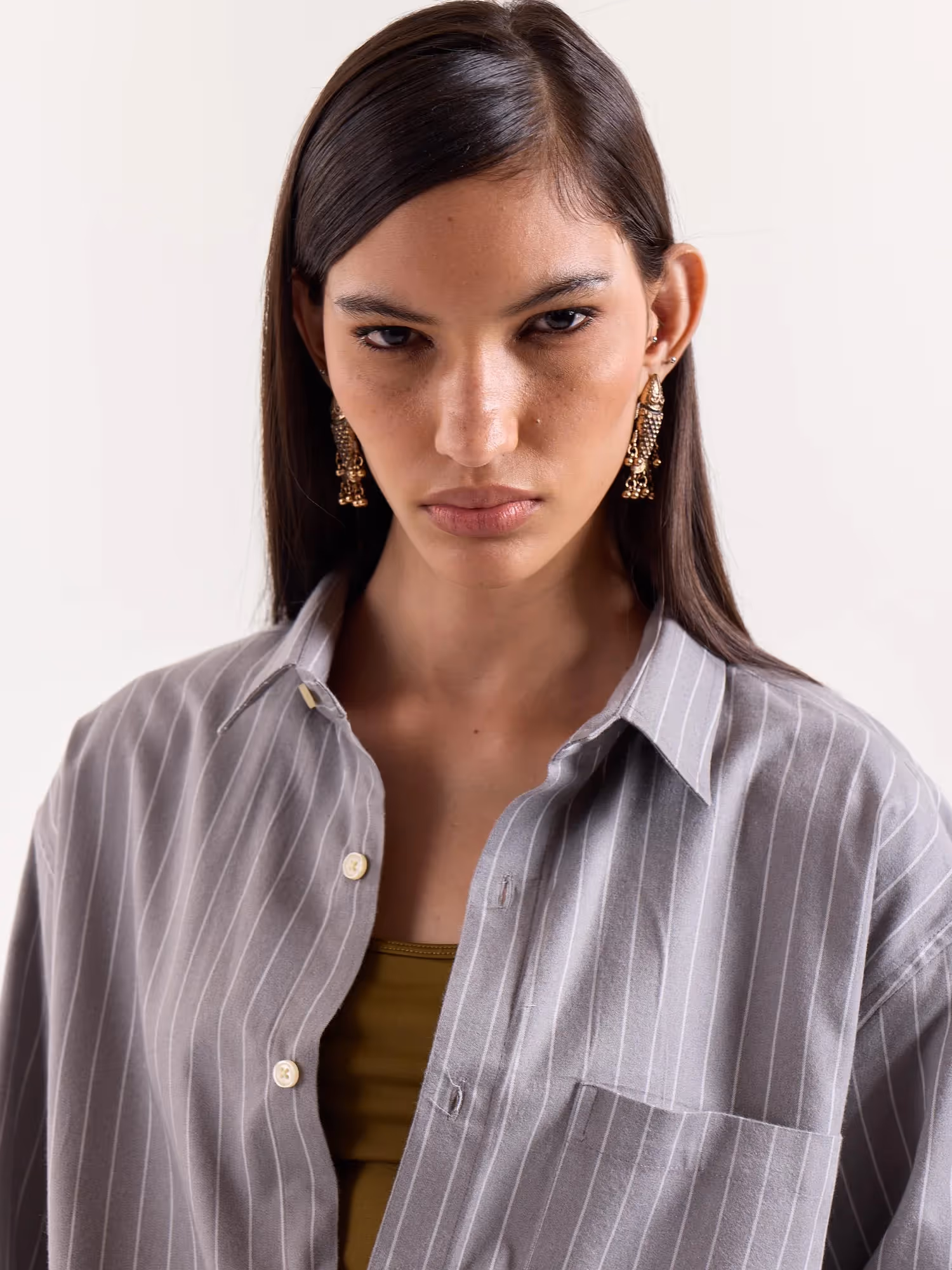 Grey Pinstriped Cropped Shirt  image 8