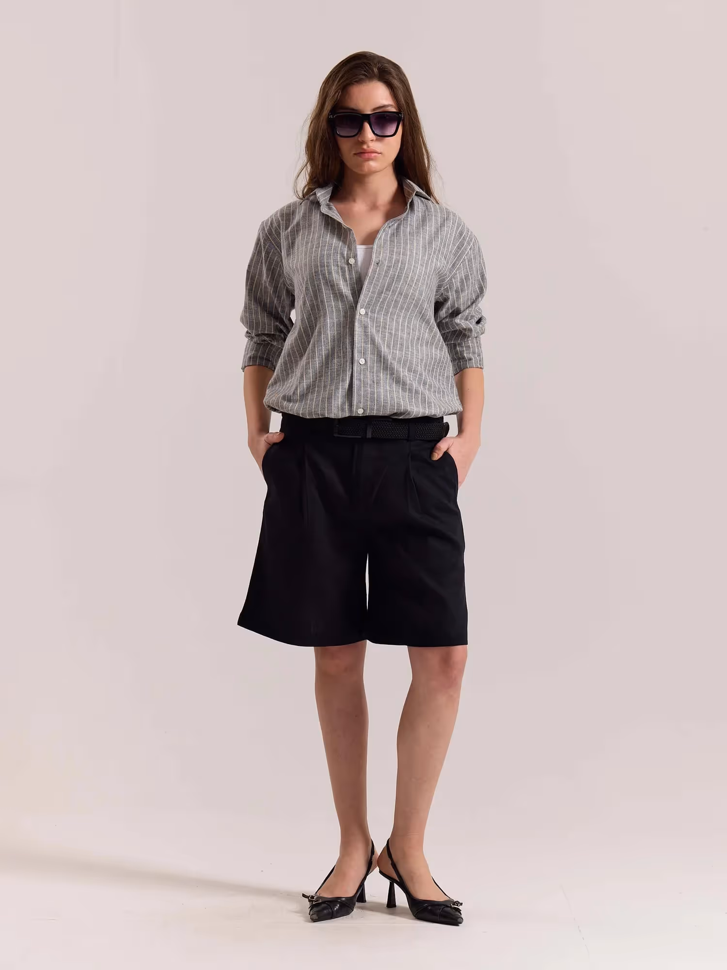 Grey Striped Linen-blend Shirt image 2