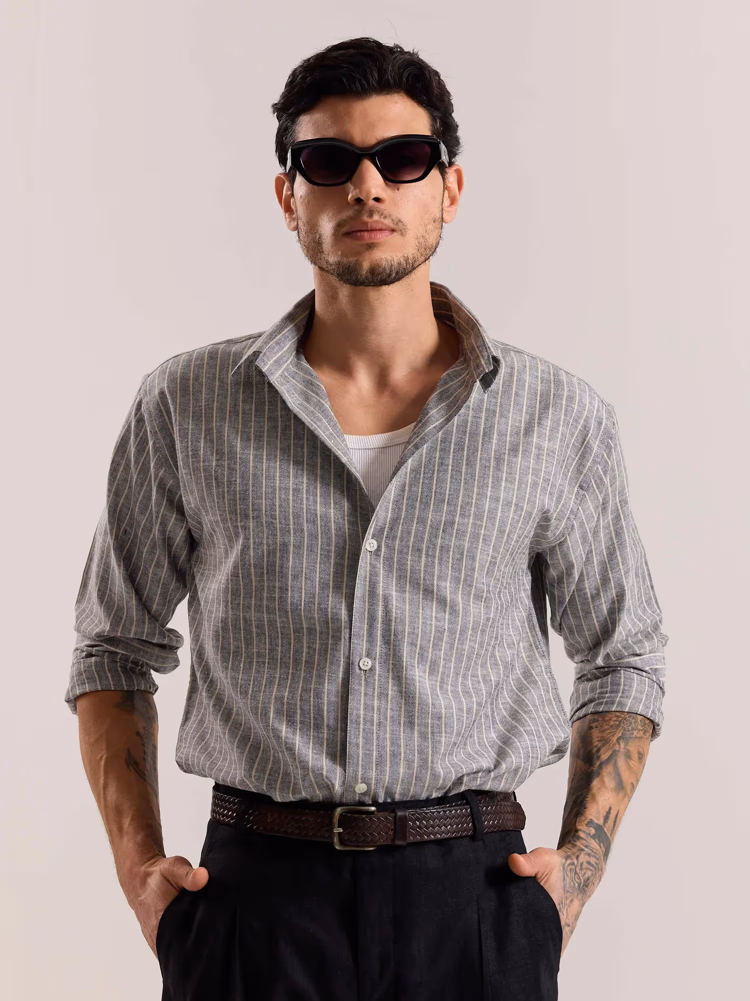 Grey Striped Linen-blend Shirt image 3