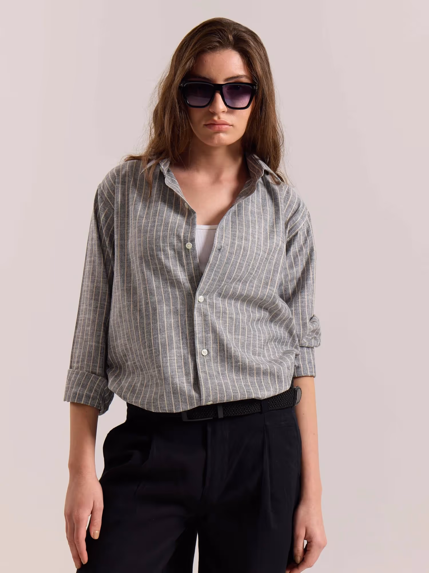 Grey Striped Linen-blend Shirt image 4