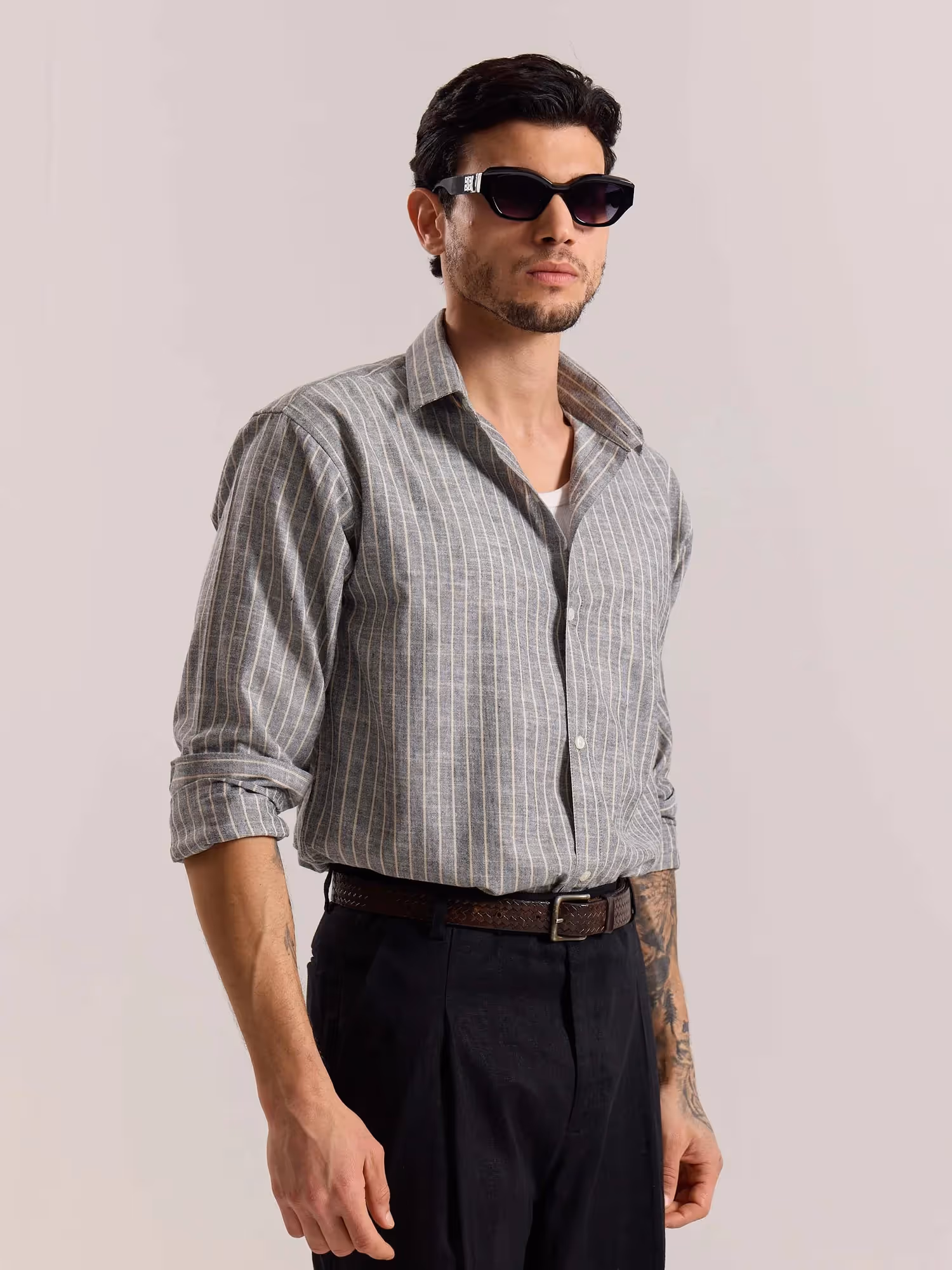 Grey Striped Linen-blend Shirt image 5