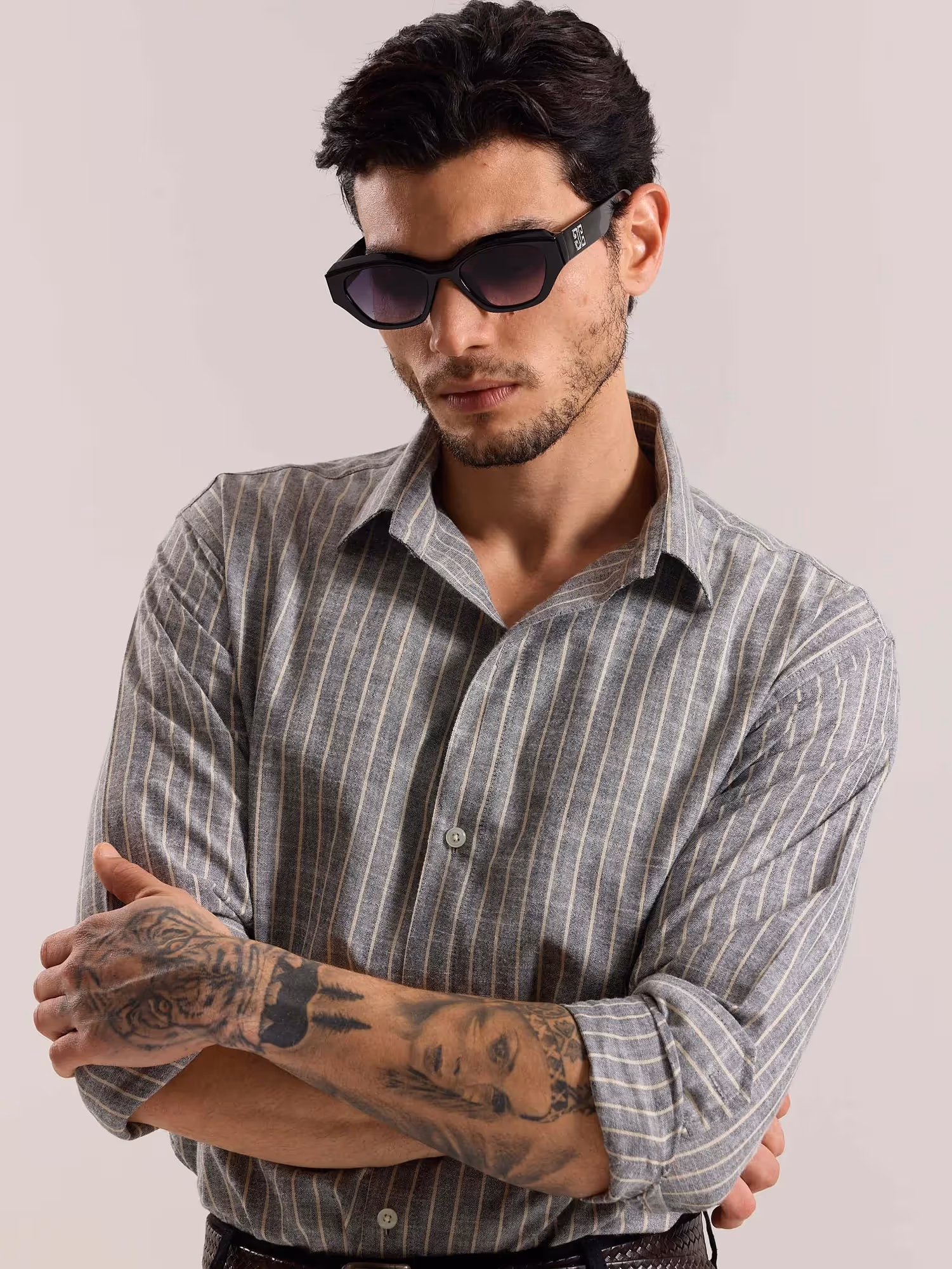 Grey Striped Linen-blend Shirt image 6