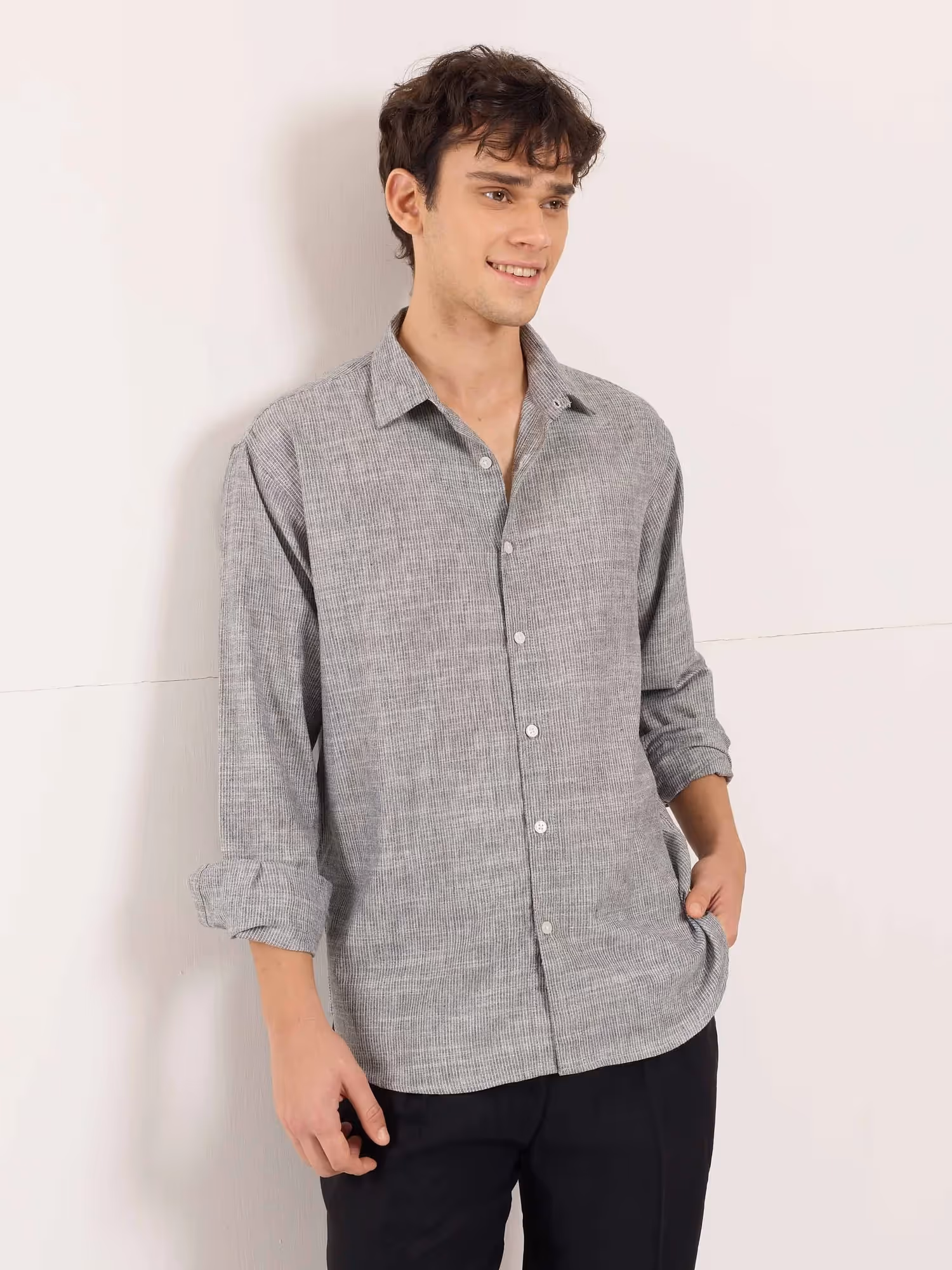 Grey Striped Linen Shirt image 4
