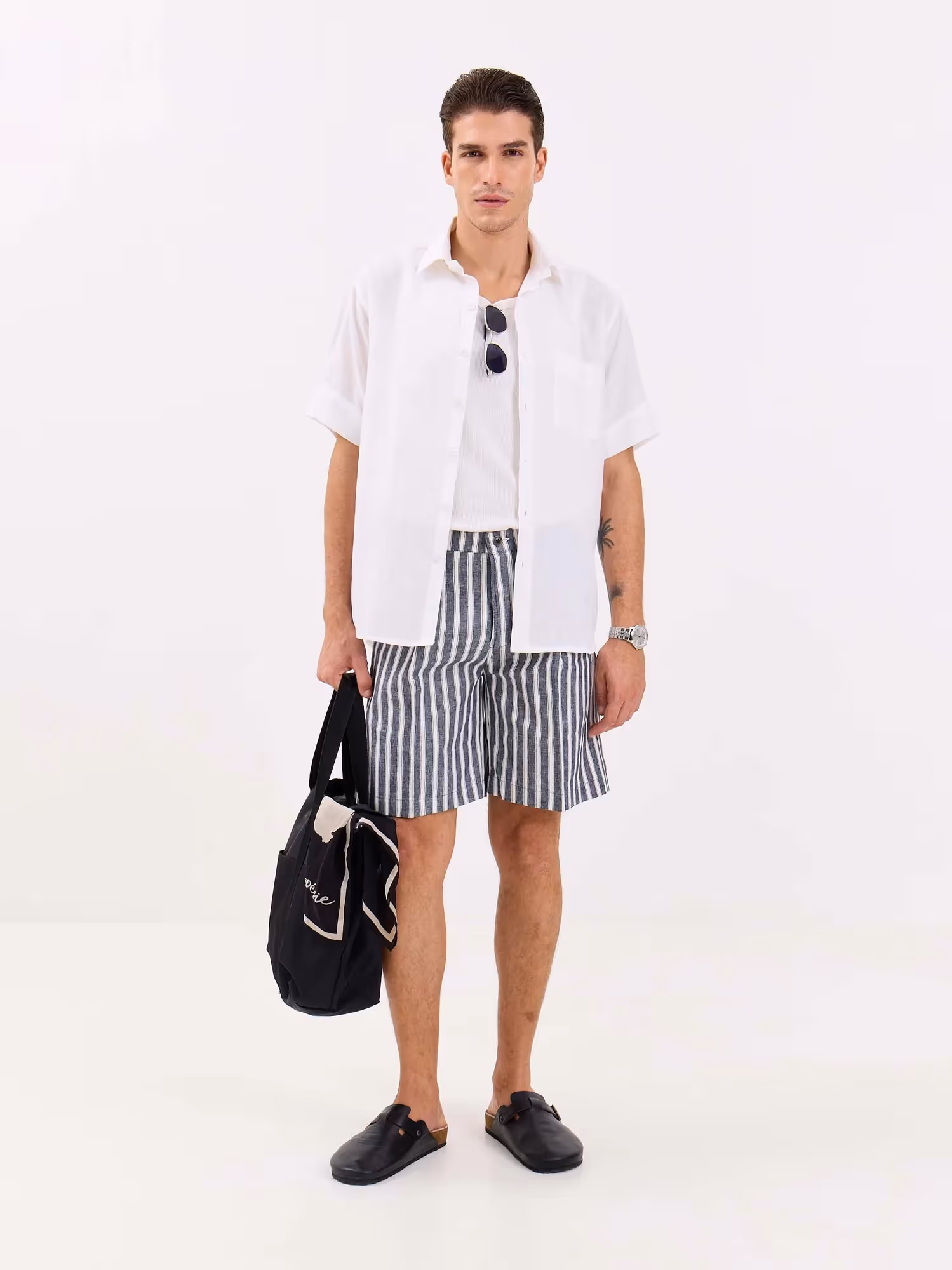 Grey Striped Linen Trouser Shorts image 1