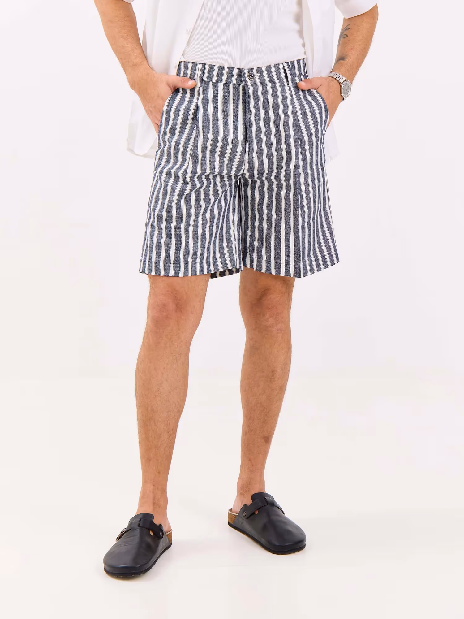 Grey Striped Linen Trouser Shorts image 2