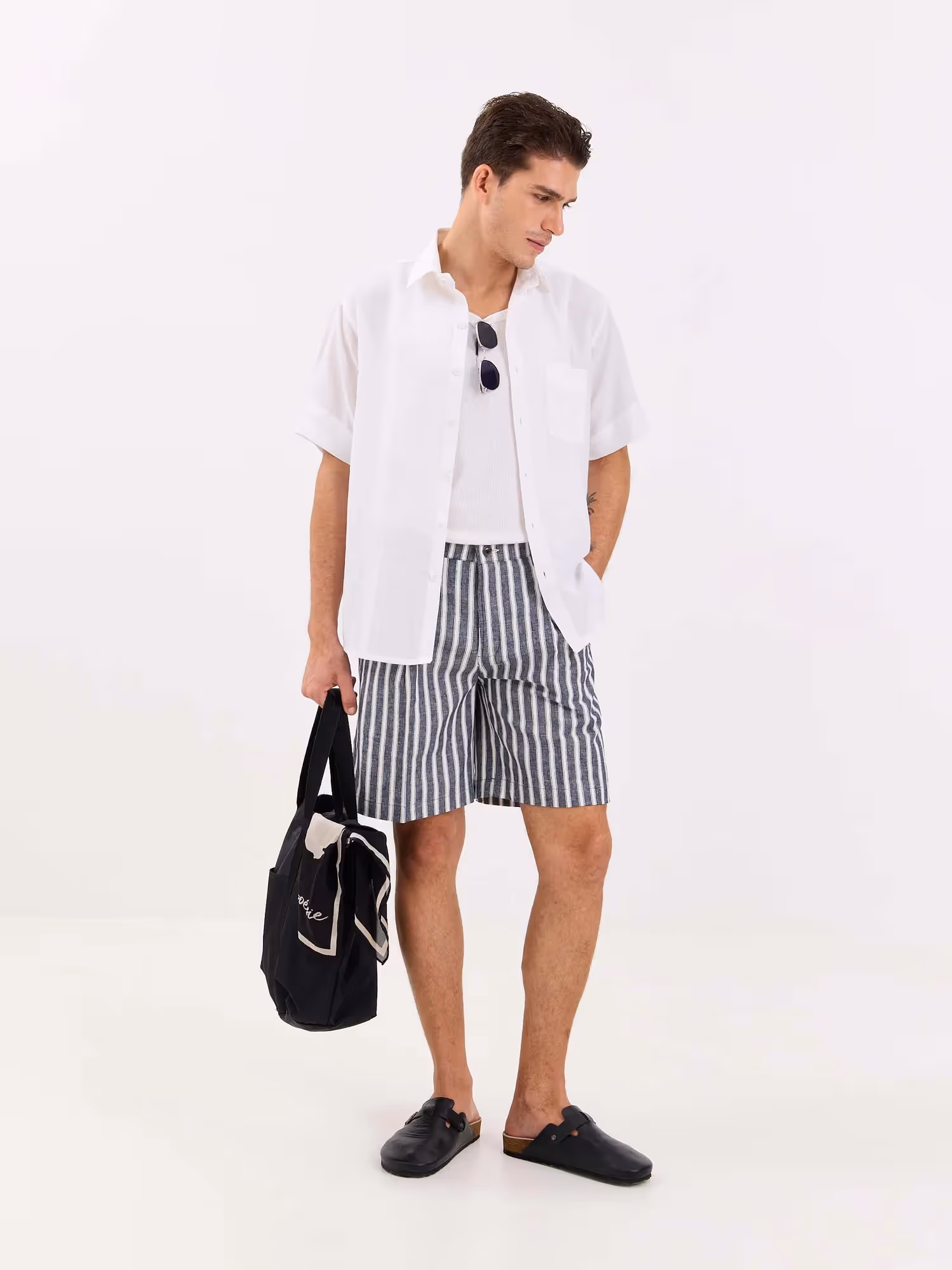 Grey Striped Linen Trouser Shorts image 3
