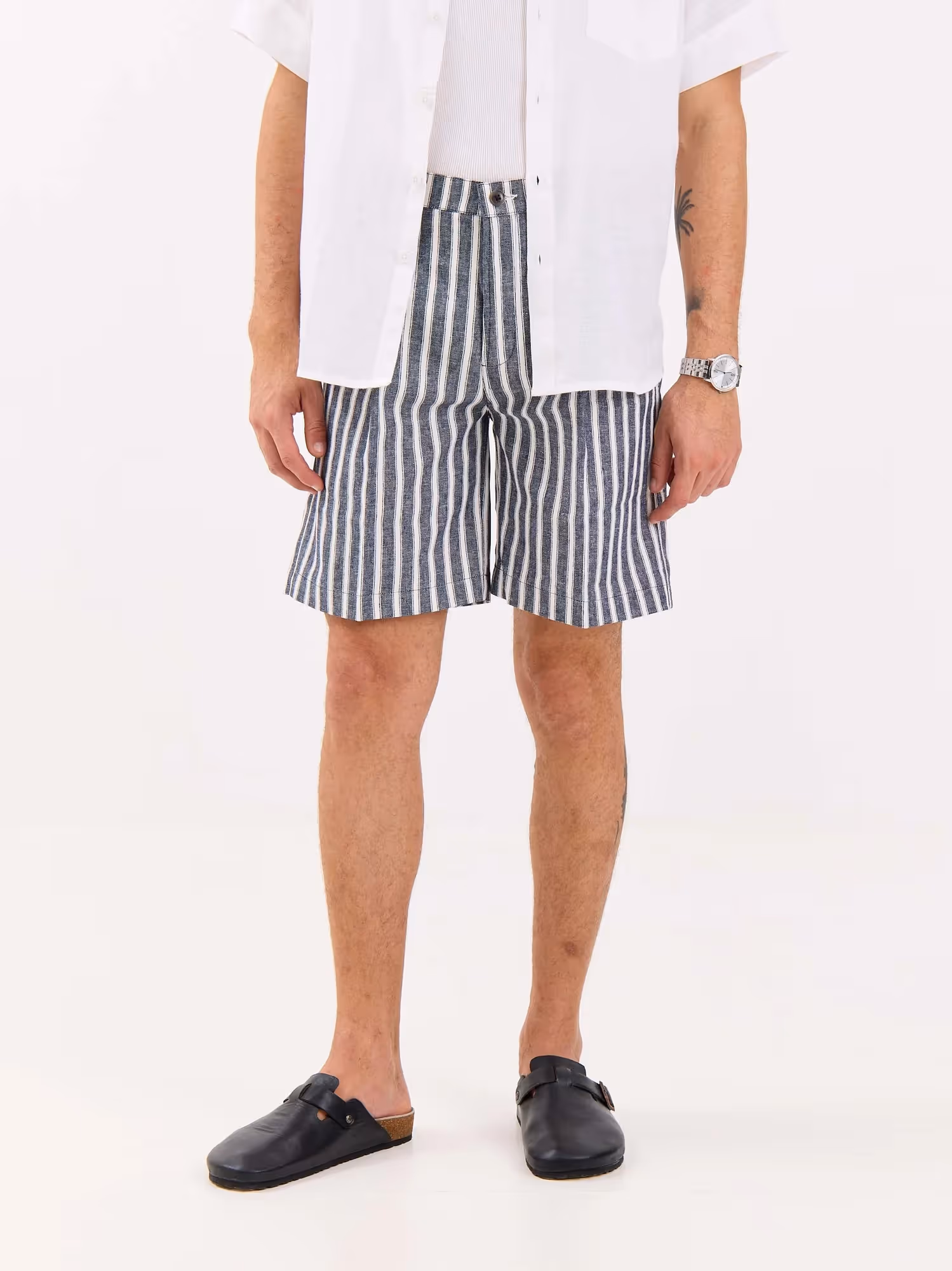 Grey Striped Linen Trouser Shorts image 4