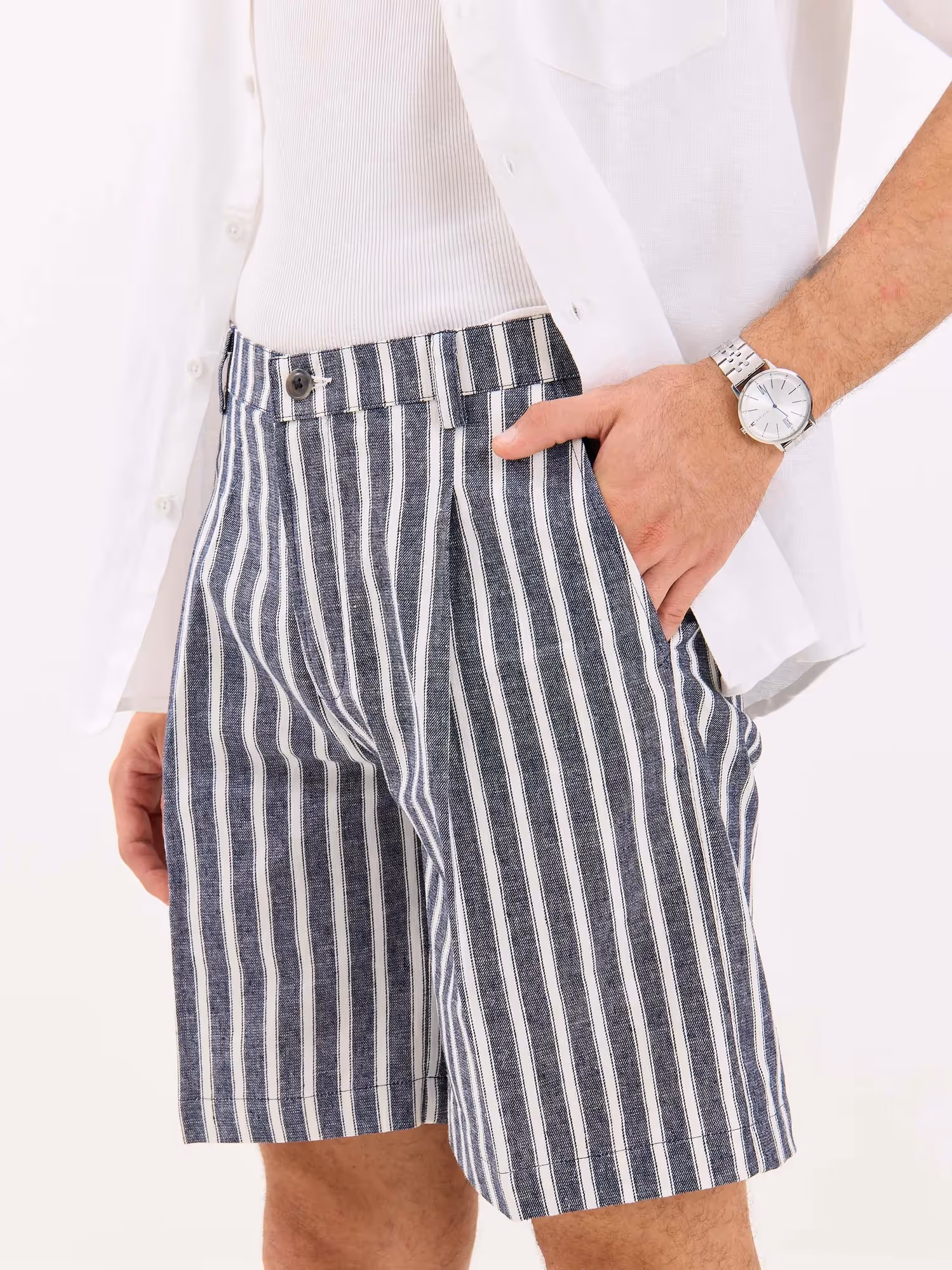 Grey Striped Linen Trouser Shorts image 5