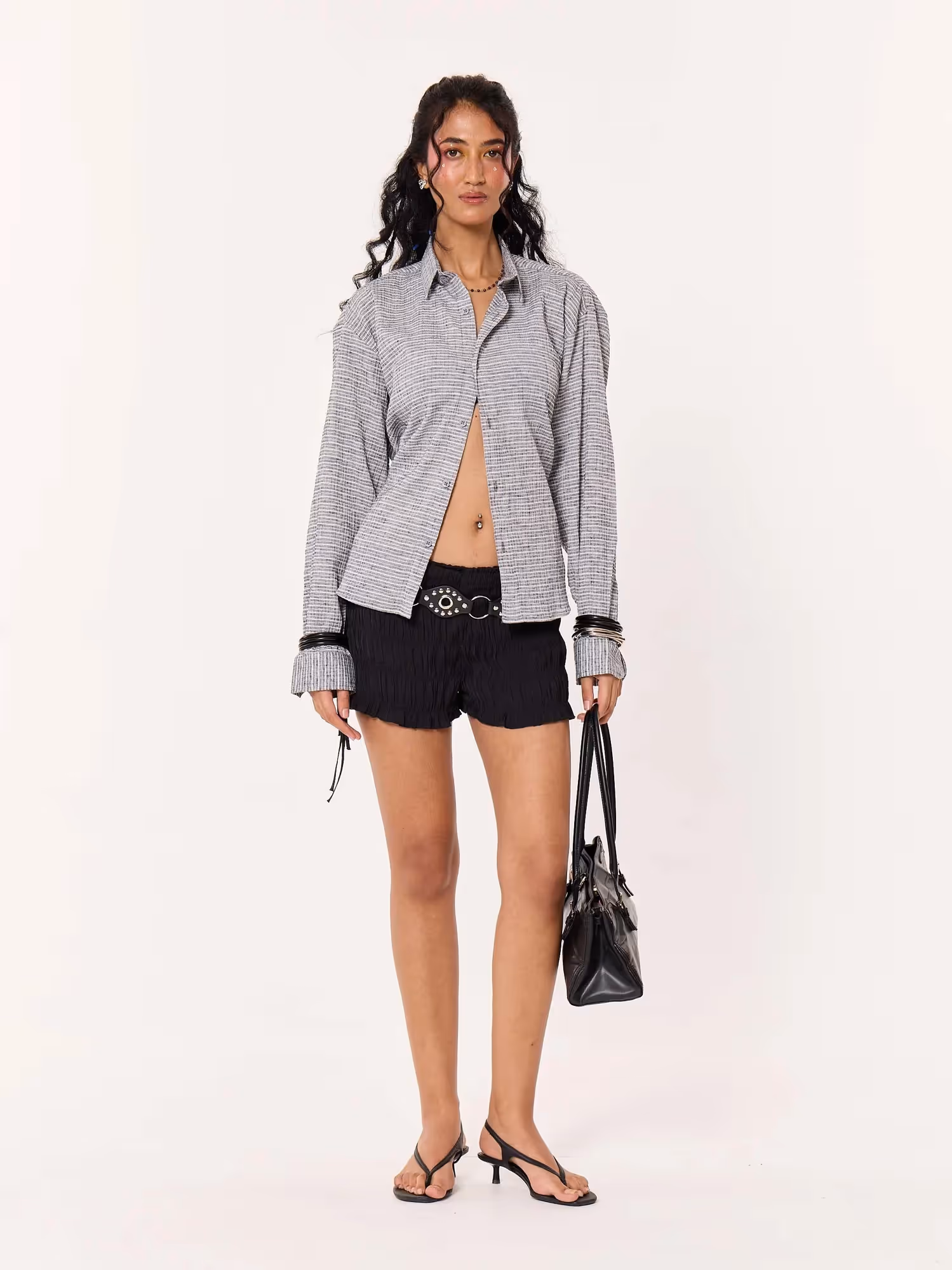 Grey Textured Cropped Shirt image 2