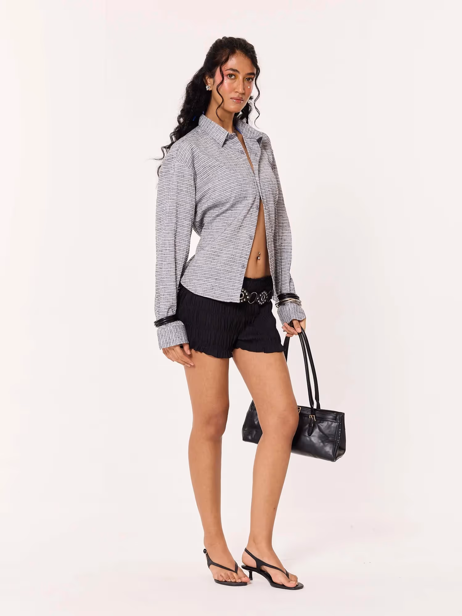 Grey Textured Cropped Shirt image 4