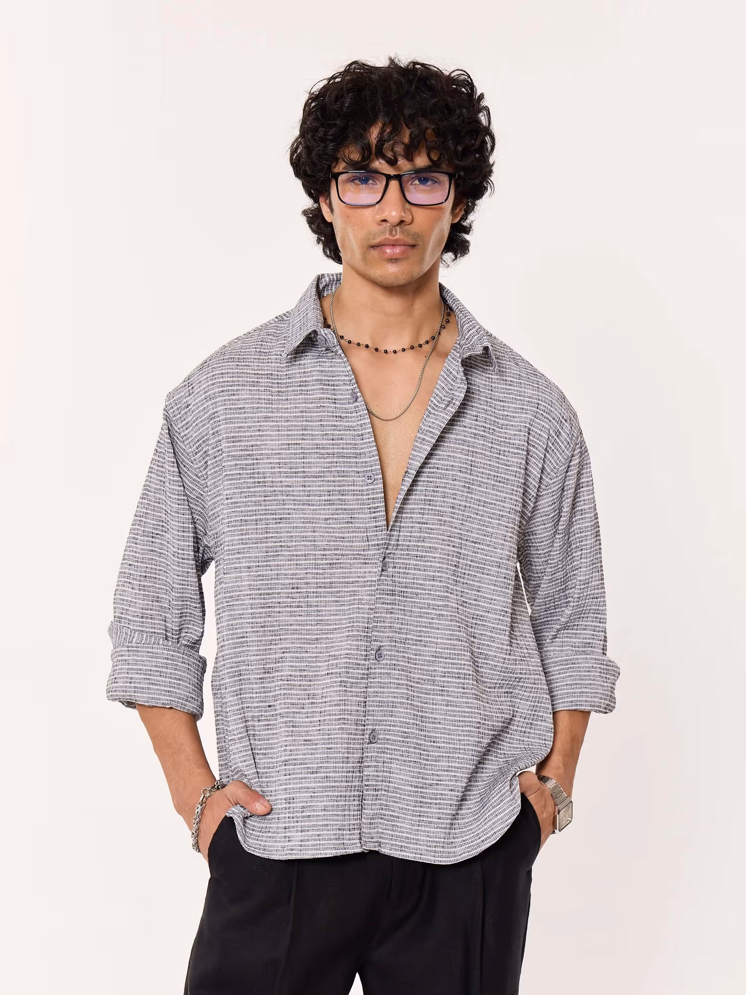 Grey Textured Cropped Shirt image 5