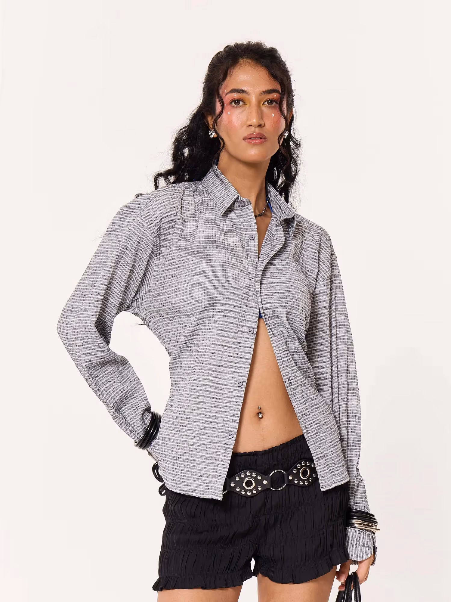 Grey Textured Cropped Shirt image 6