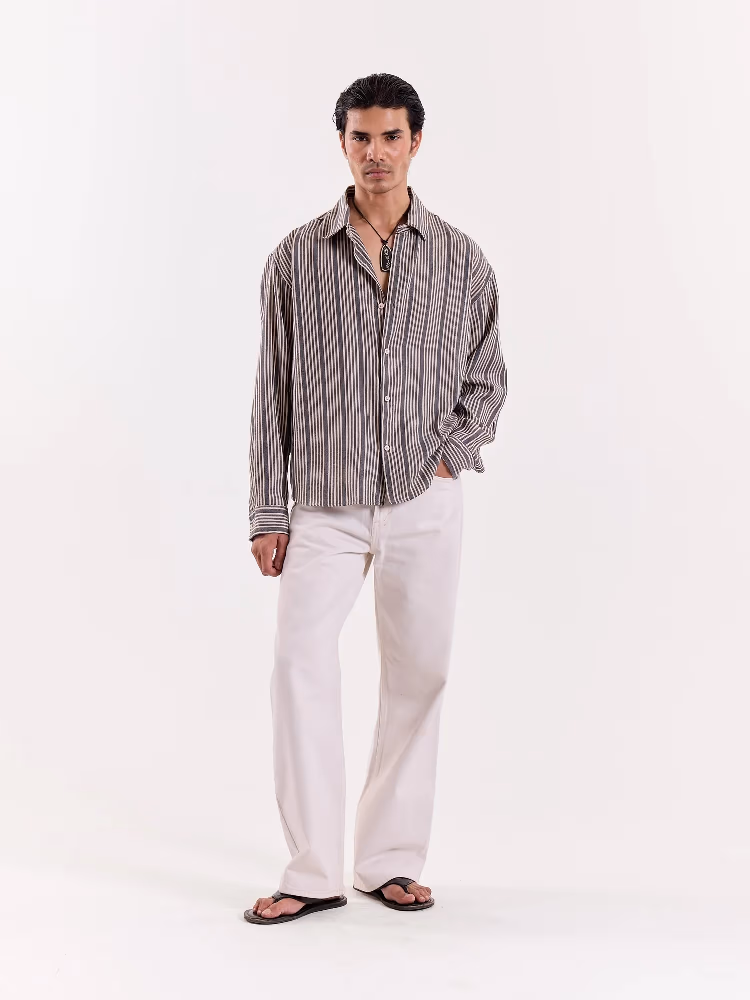 Grey Weaver Striped Cropped Shirt image 1