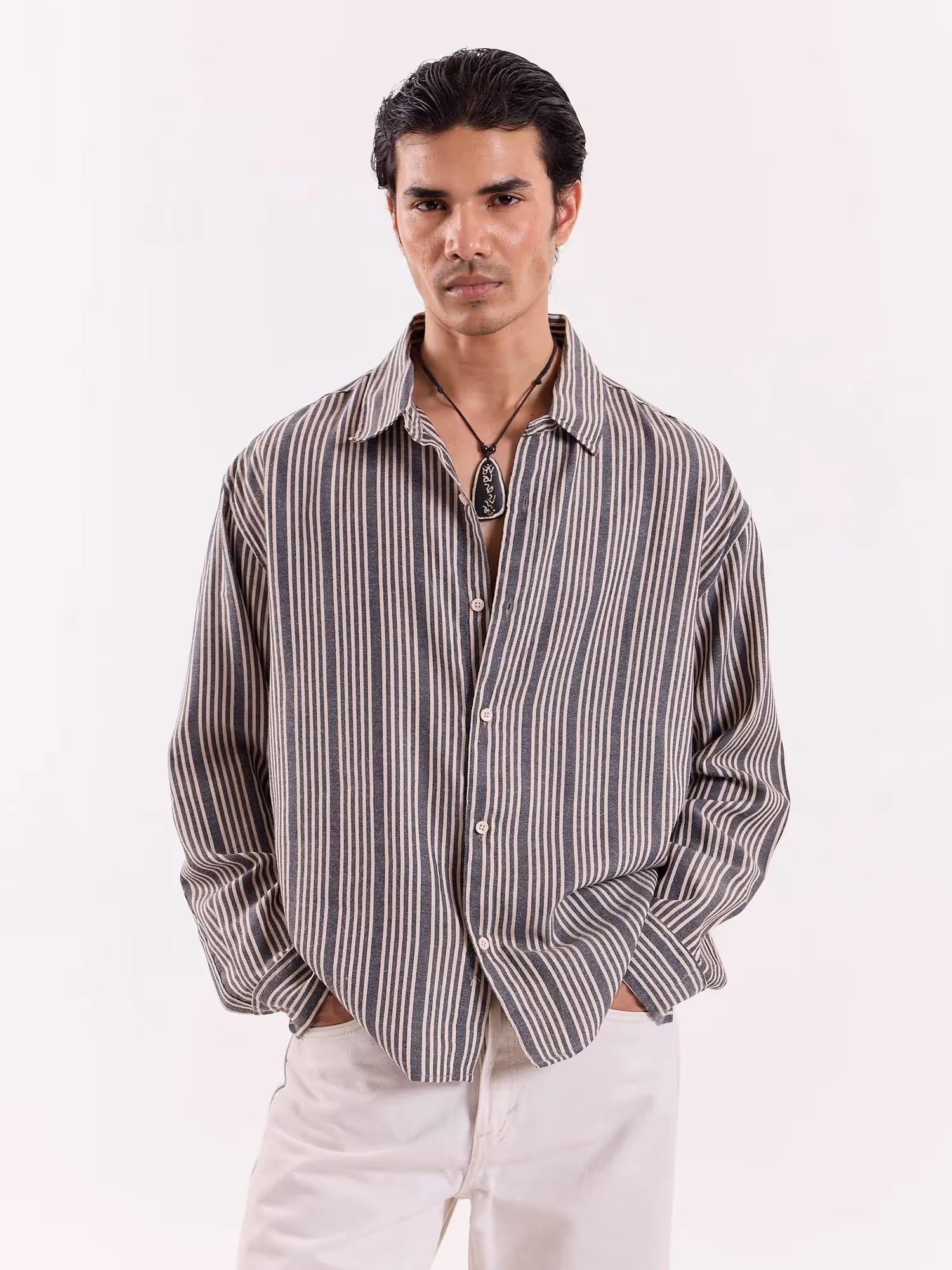 Grey Weaver Striped Cropped Shirt  image 3