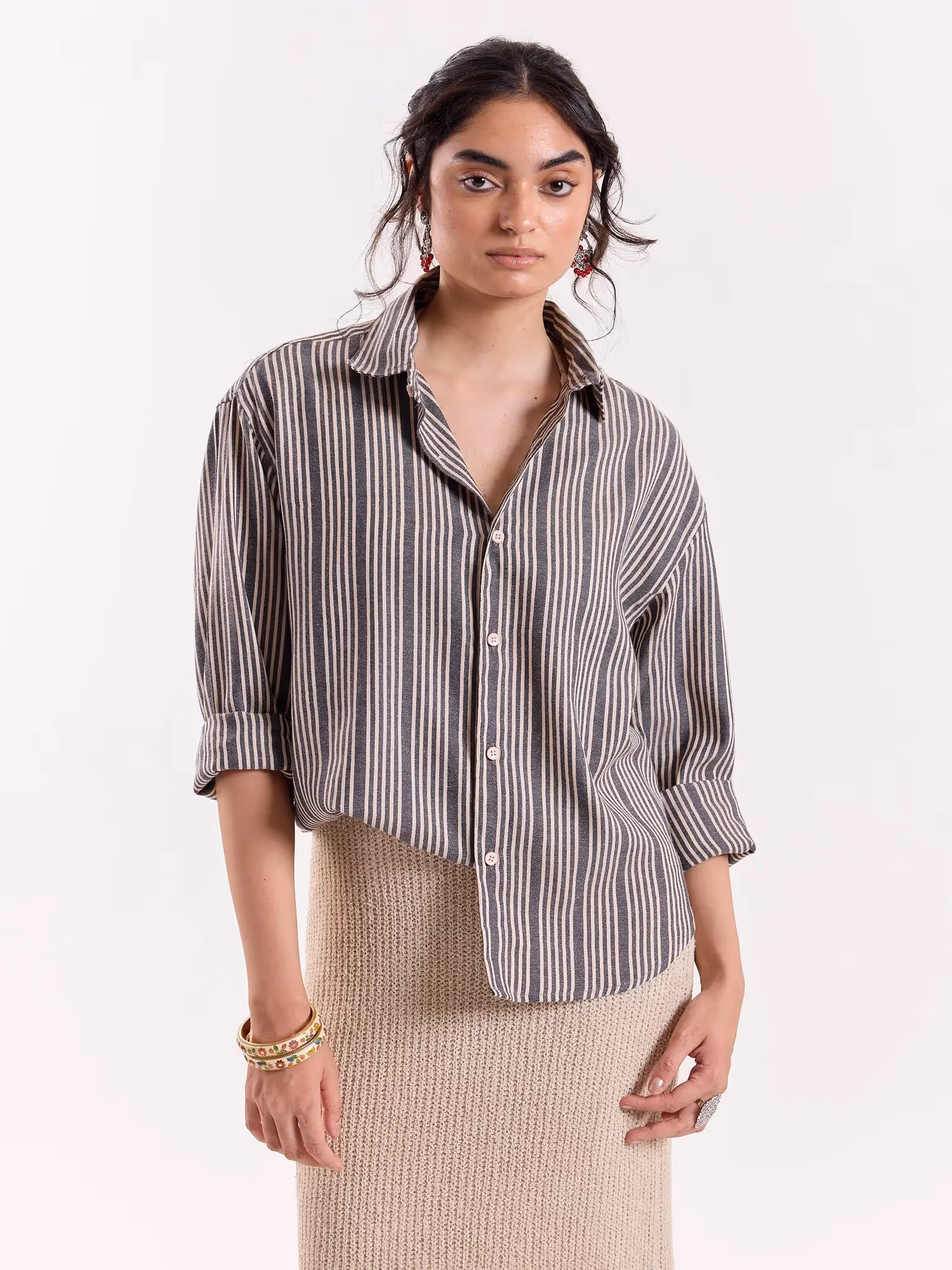 Grey Weaver Striped Cropped Shirt  image 4