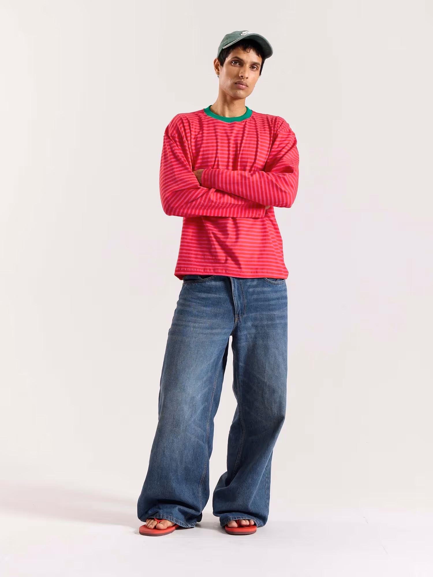 Hot Pink Stripe Loose Fit Cropped T-Shirt image 1
