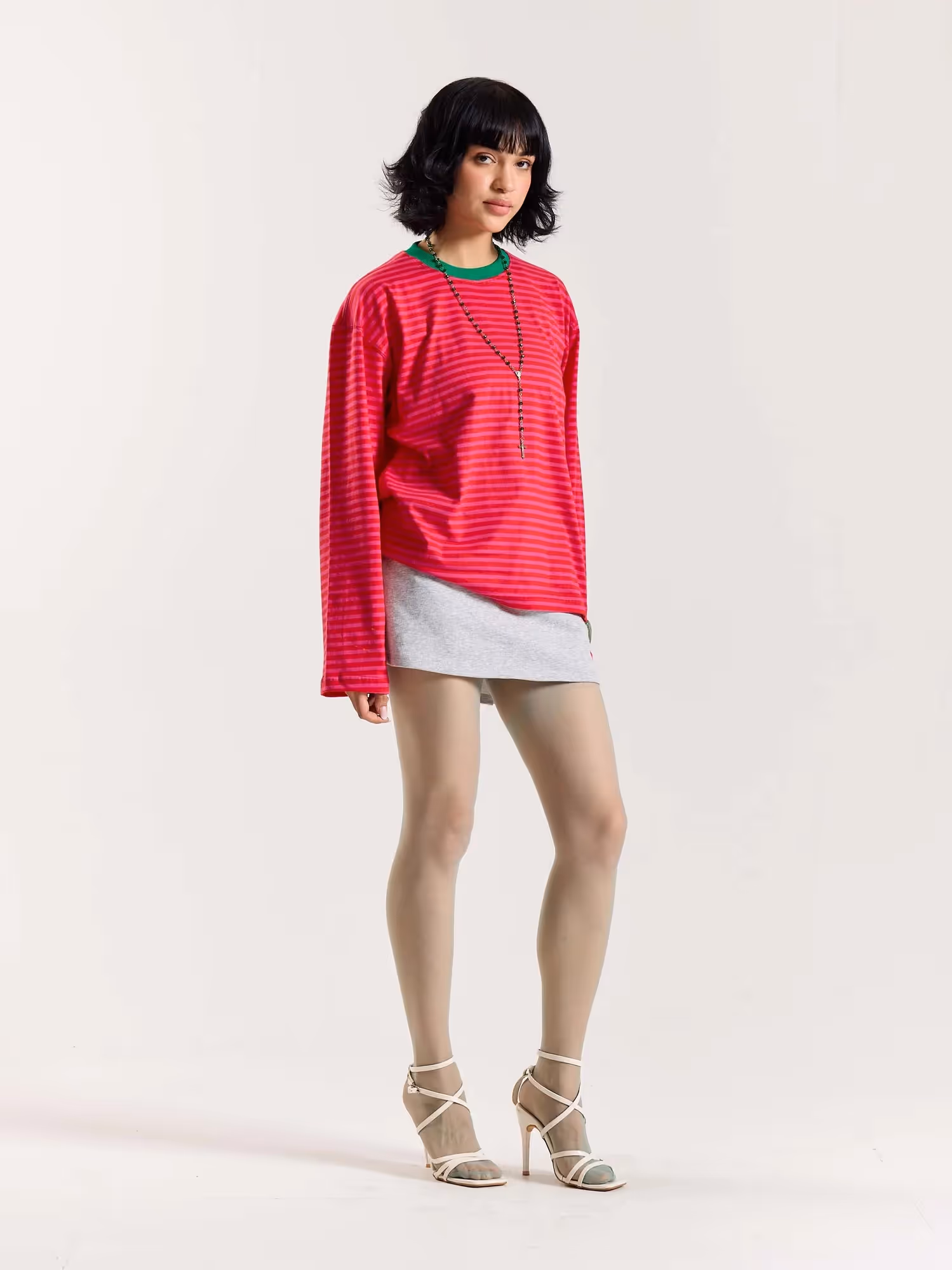 Hot Pink Stripe Loose Fit Cropped T-Shirt image 3