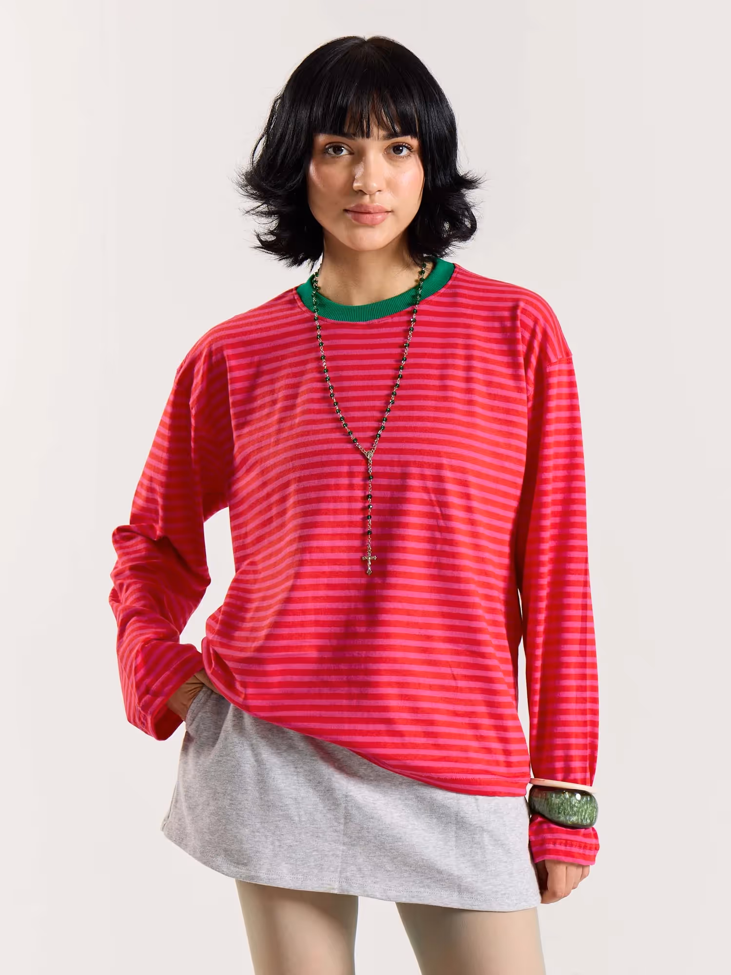 Hot Pink Stripe Loose Fit Cropped T-Shirt image 5