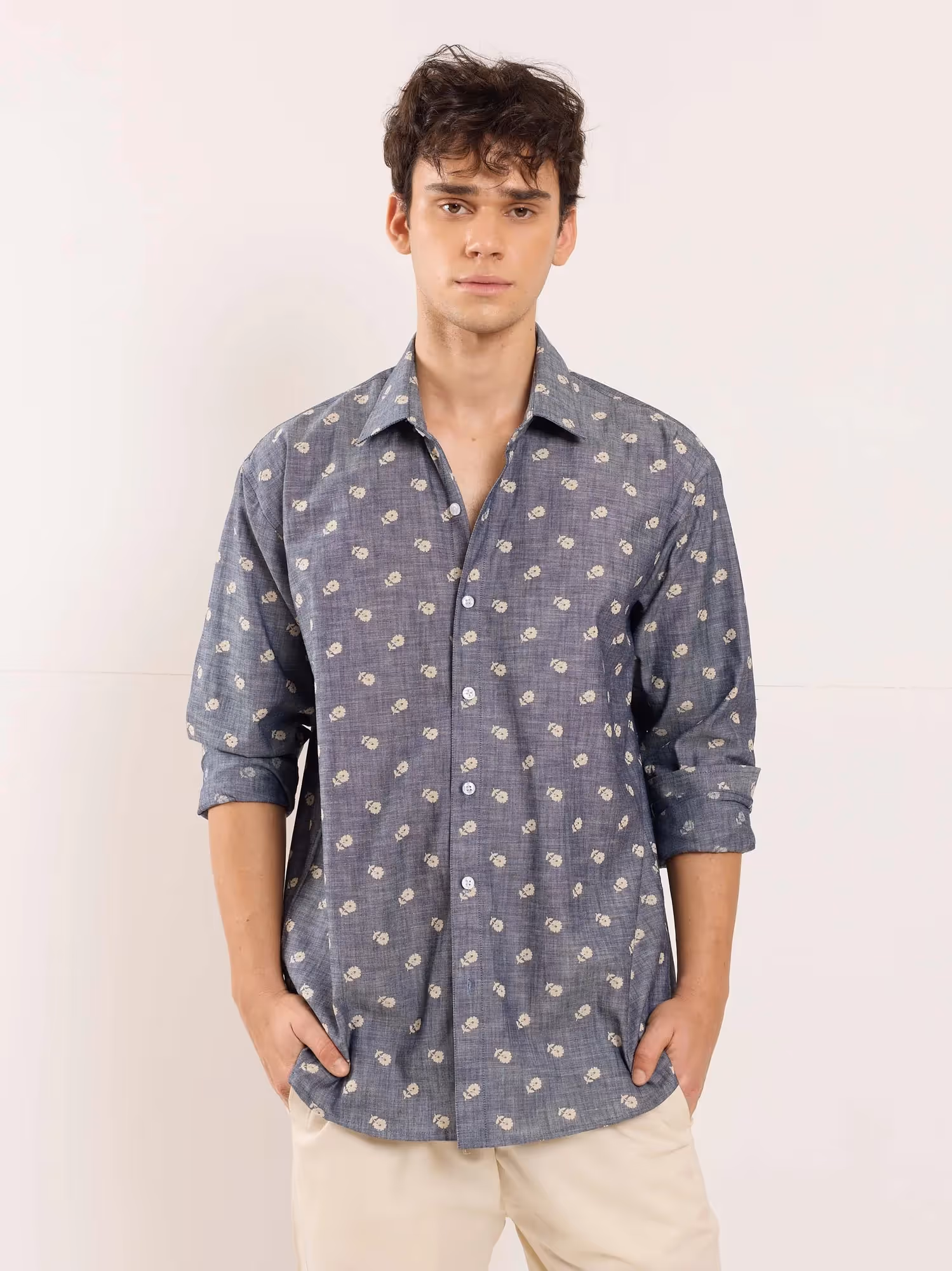 Indigo Floral Printed Chambray Shirt image 1