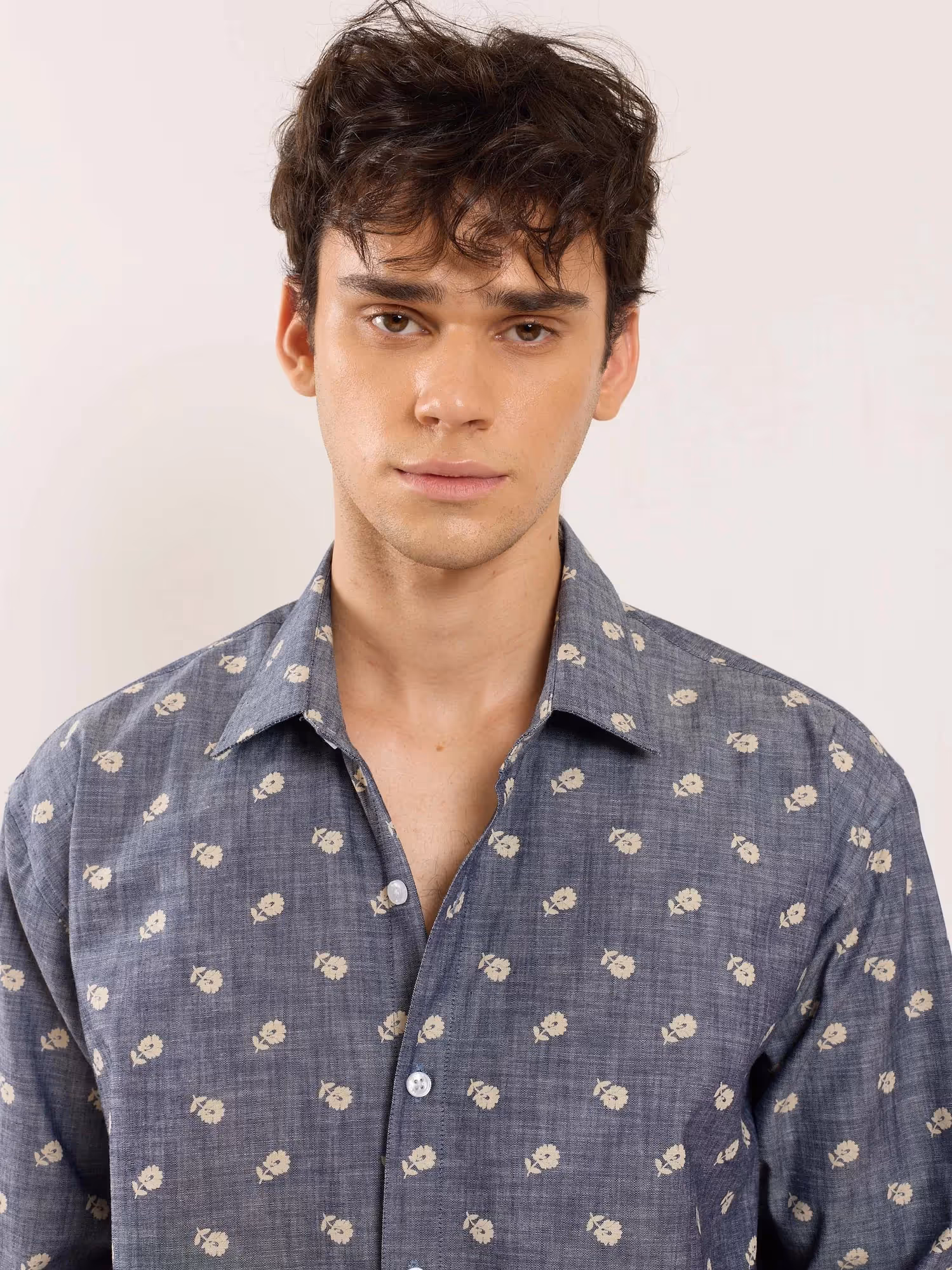 Indigo Floral Printed Chambray Shirt image 3