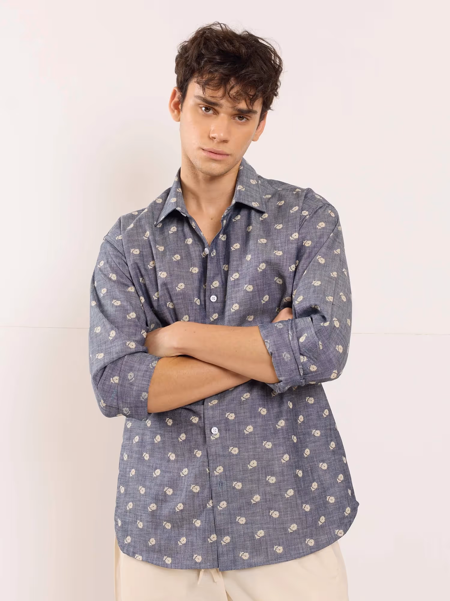 Indigo Floral Printed Chambray Shirt image 4