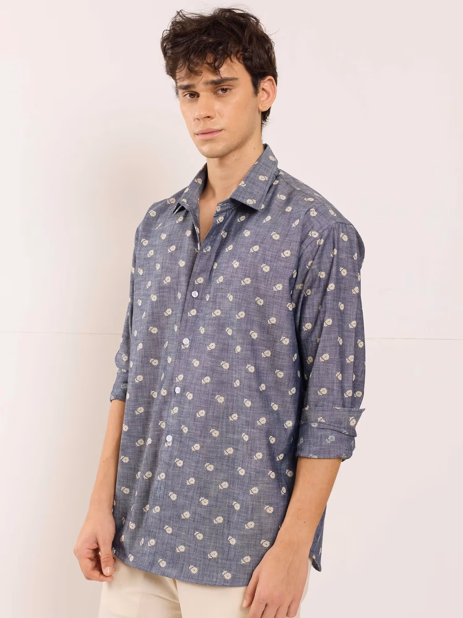 Indigo Floral Printed Chambray Shirt image 5