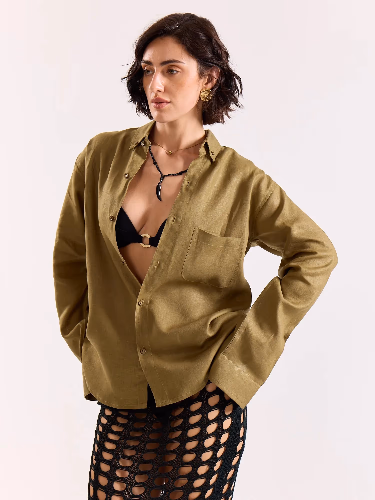 Khaki 60s Lea Linen Shirt image 7
