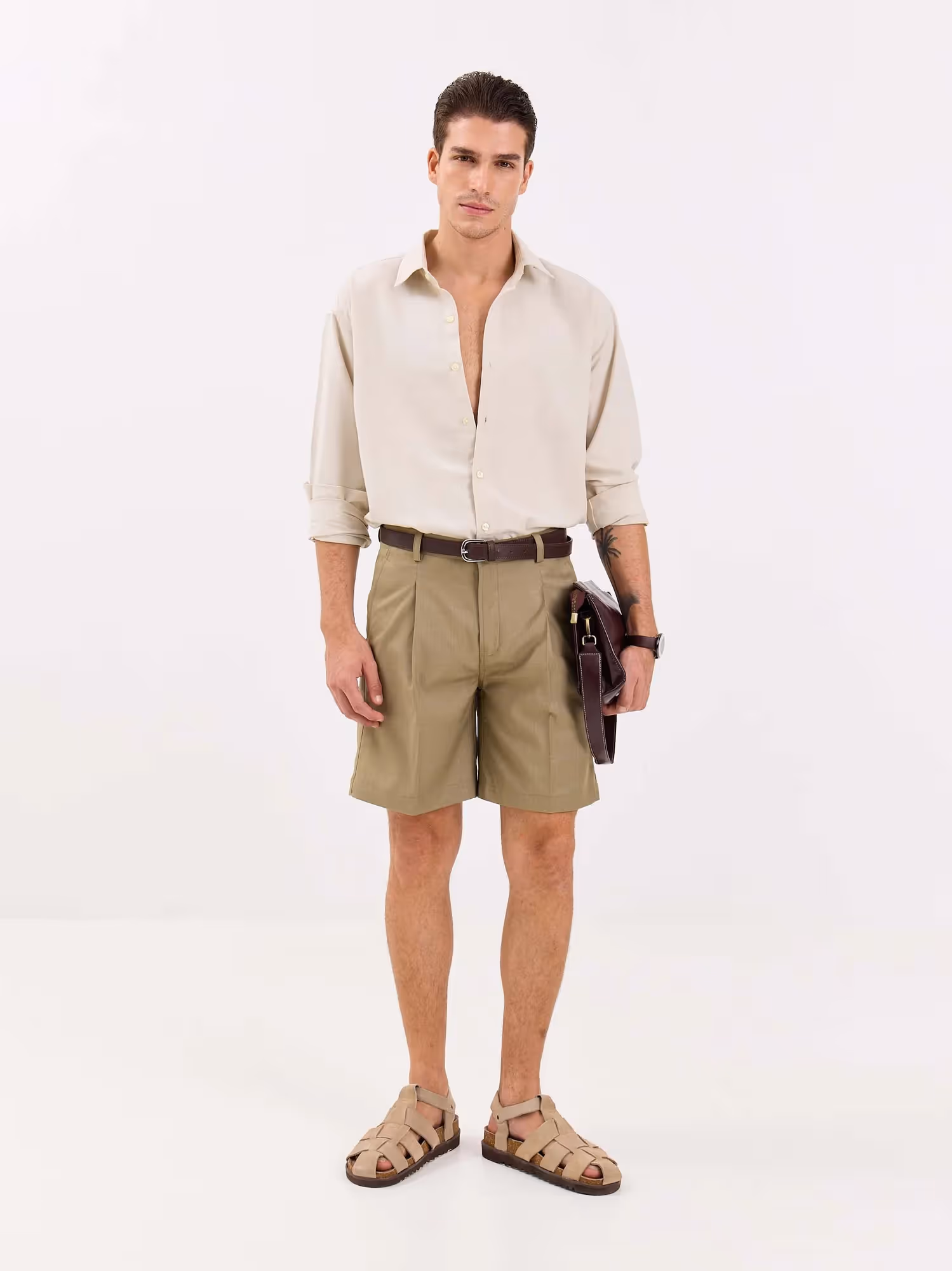 Khaki Checked Trouser Shorts image 1