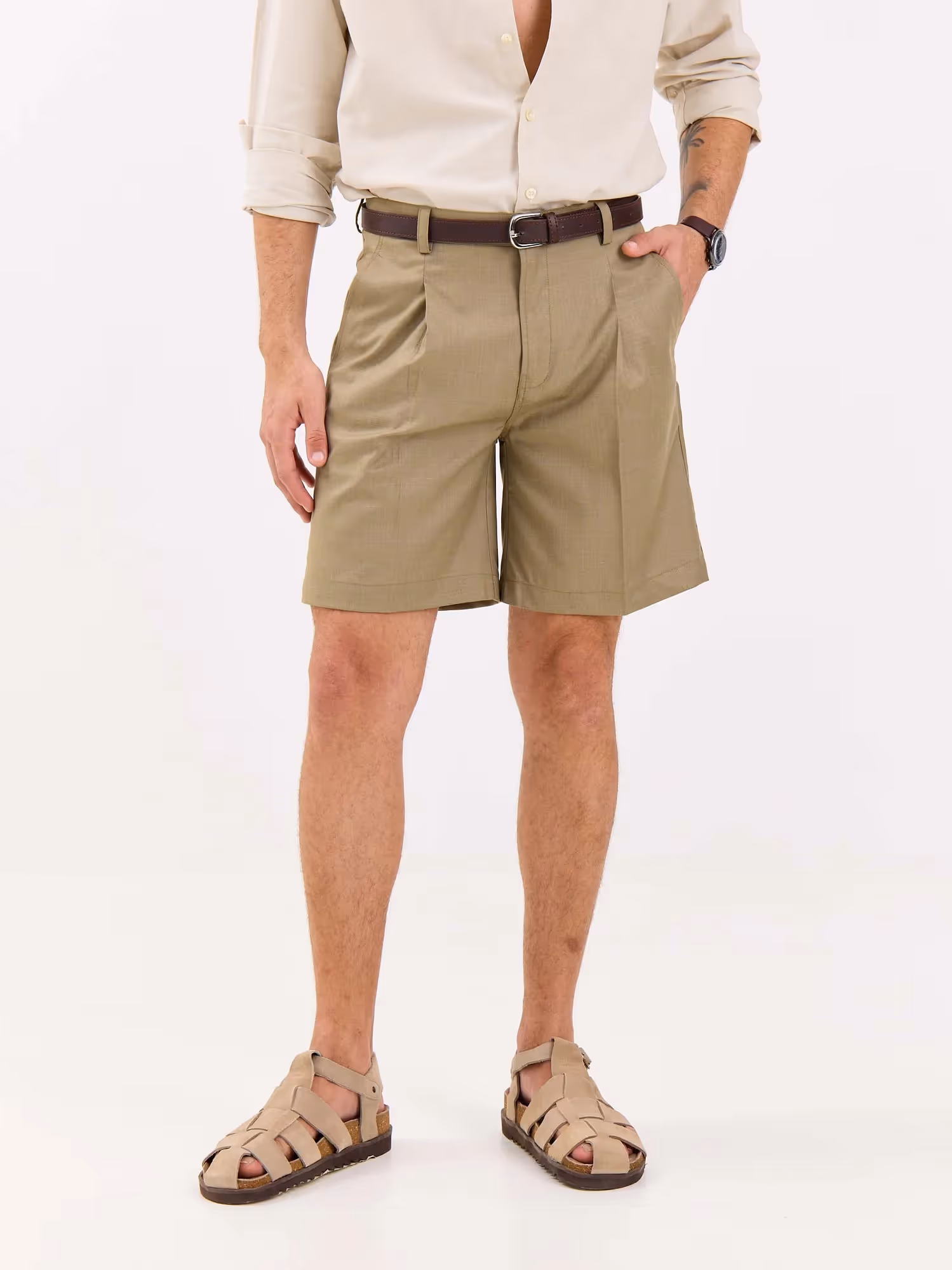 Khaki Checked Trouser Shorts image 2