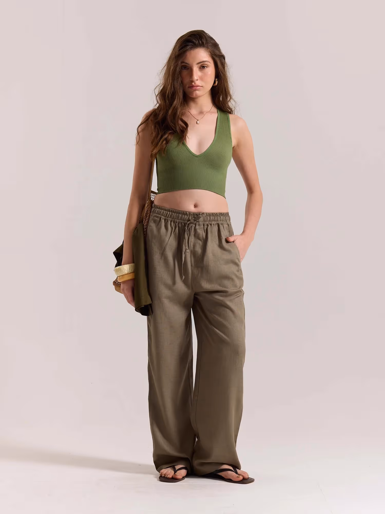 Khaki Green Linen Pull-on Pants  image 2