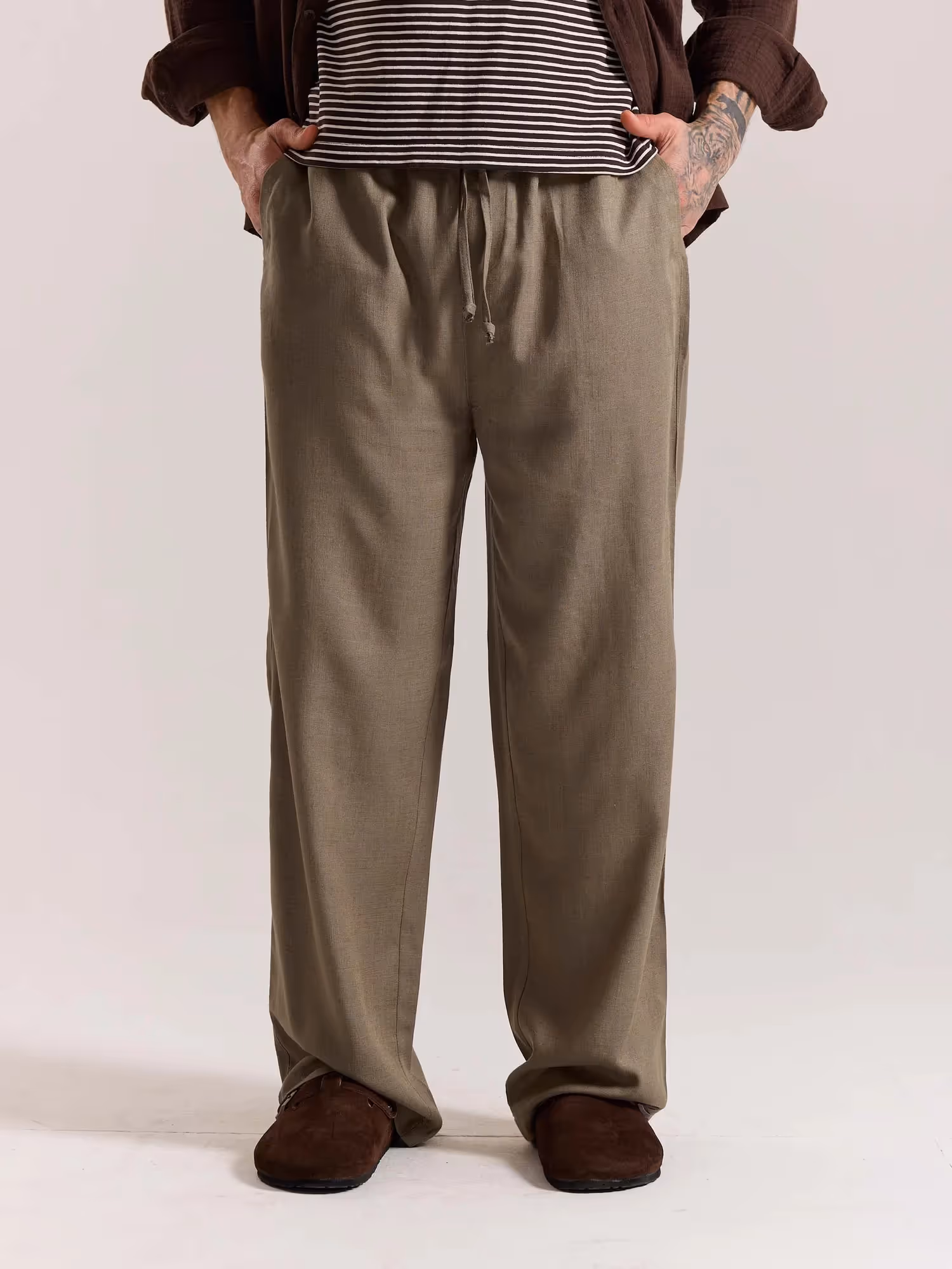 Khaki Green Linen Pull-on Pants  image 3